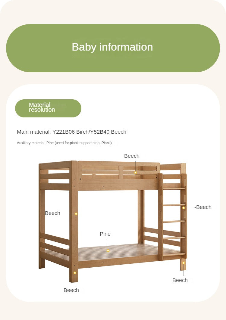 Solid Wood Bunk Bed - Beech & Birch Twin/Full Size - Space-Saving Kids & Guest Room Furniture for Small Bedrooms & Vacation Homes