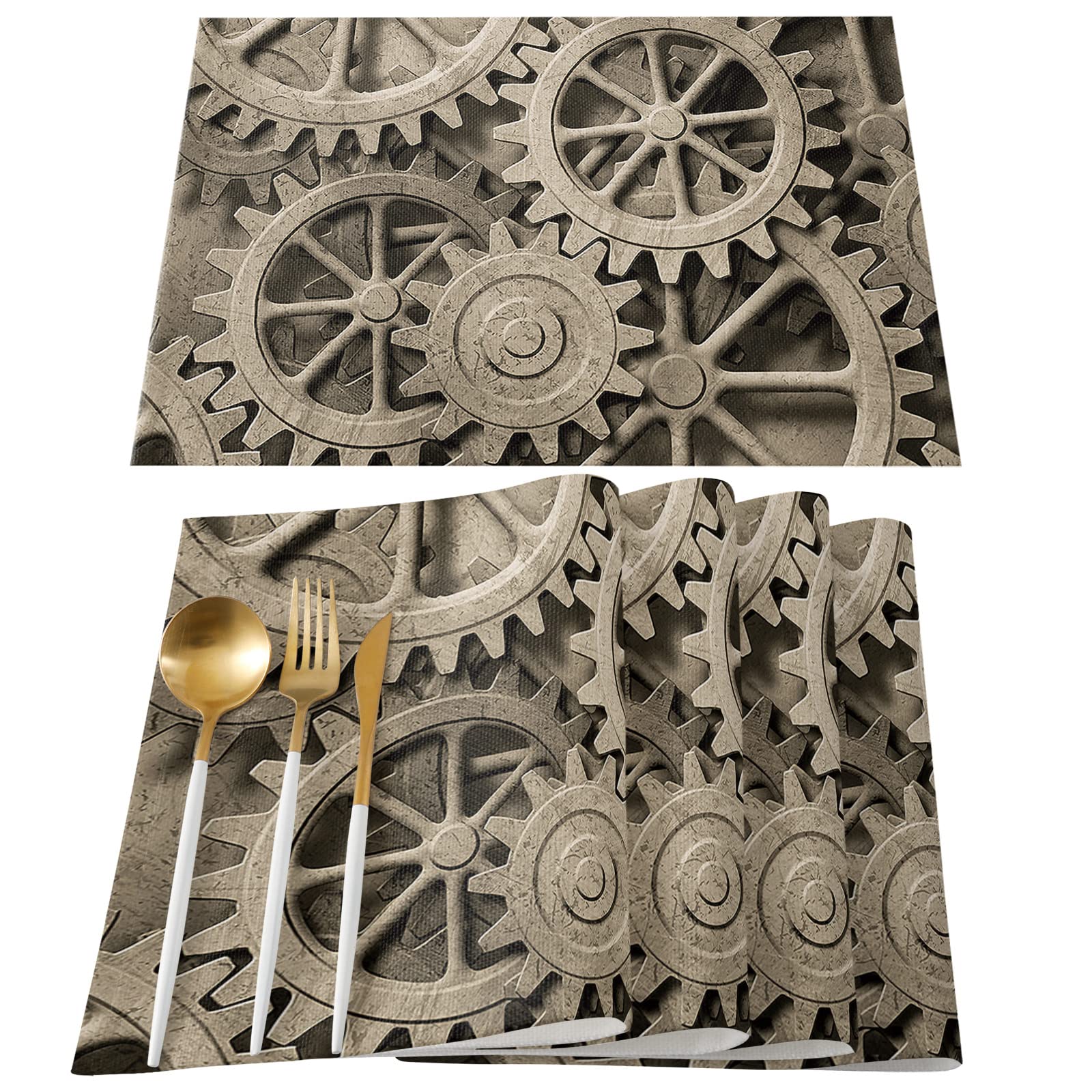 6-Pack Cotton Linen Table Mats Set - 13 x 19 Inch Rustic Mechanical Gear Placemats for Dining Table, Kitchen Decor & Home Decoration - Perfect for Dinner Parties, Holiday Gatherings & Everyday Use