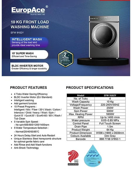 EuropAce EFW 9102Y 10kg Front Load Washer & EDY8801YWH Heat Pump Dryer Combo - Energy Efficient Laundry Set for Apartments & Small Homes