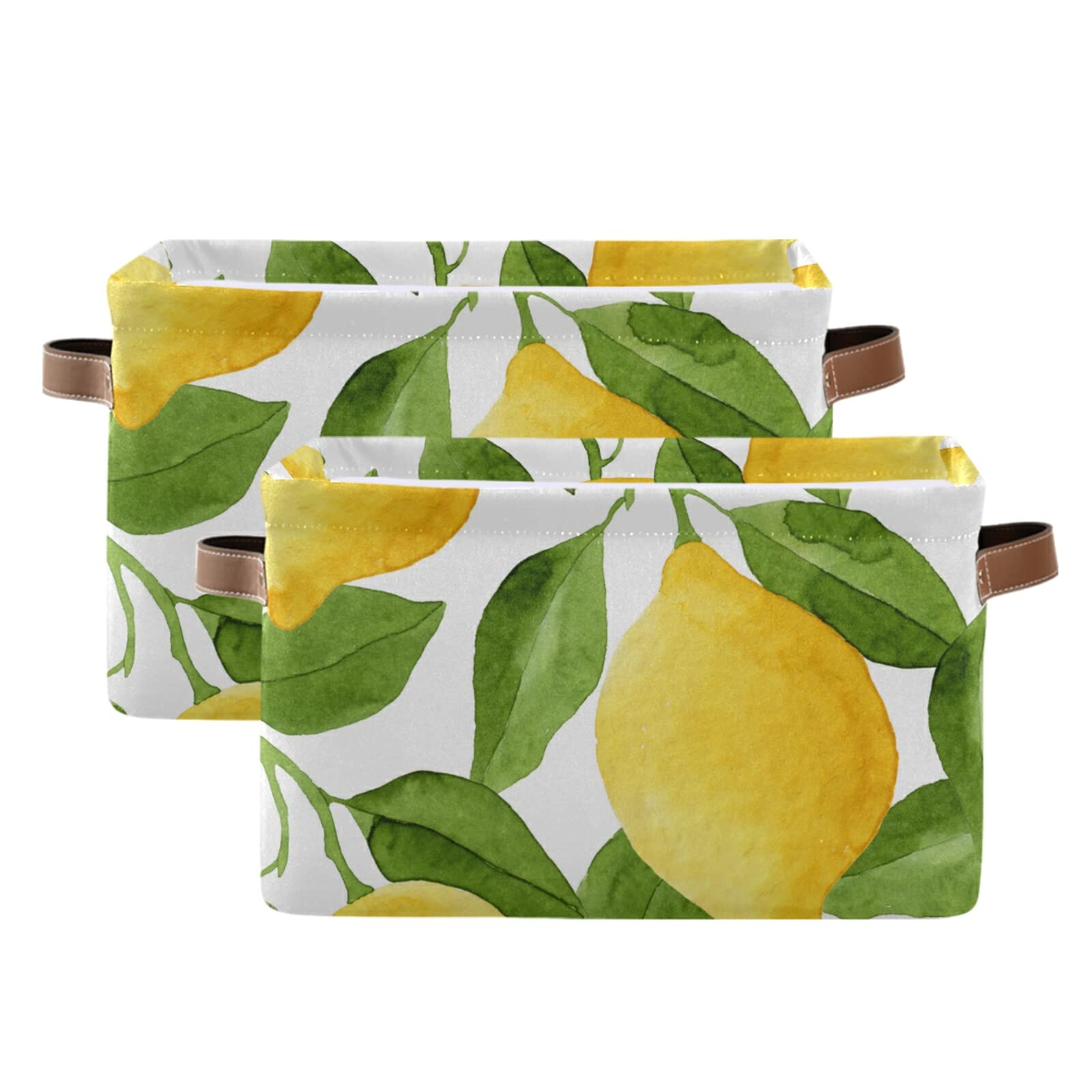 Susiyo 2-Pack Yellow Lemon Green Leaves Canvas Storage Bins - 14 x 10 Inch Fabric Baskets for Shelves, Closet & Home Organization | Perfect for Bedroom, Bathroom & Nursery Storage