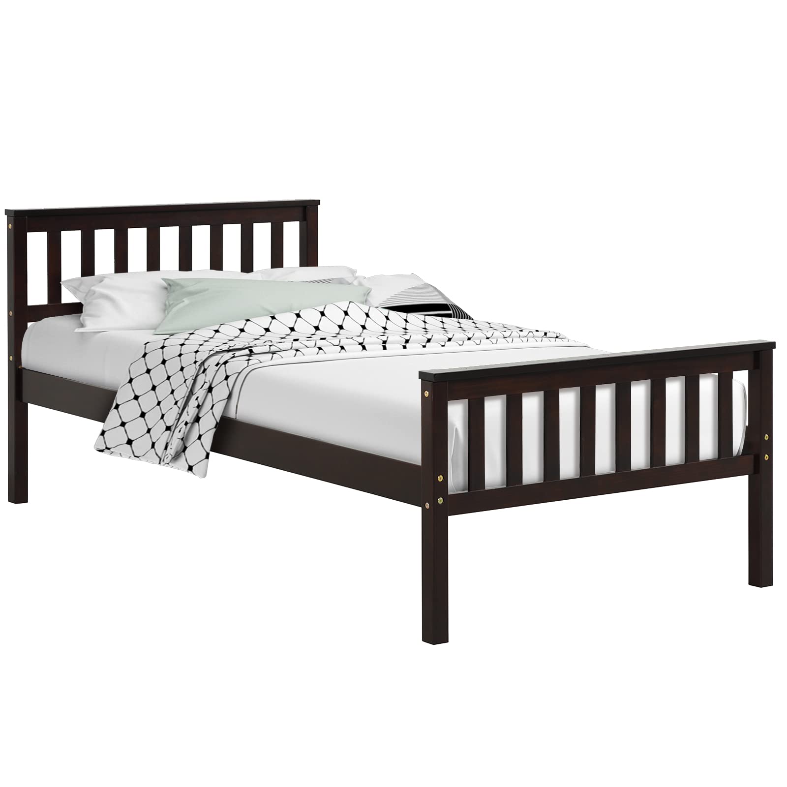 KOMFOTT Twin Size Wood Bed Frame with Headboard & Footboard - Sturdy Platform Bed with 8-Slat Support, 12-Inch Under-Bed Storage Space - No Box Spring Needed - Perfect for Small Bedrooms, Guest Rooms & Dormitories