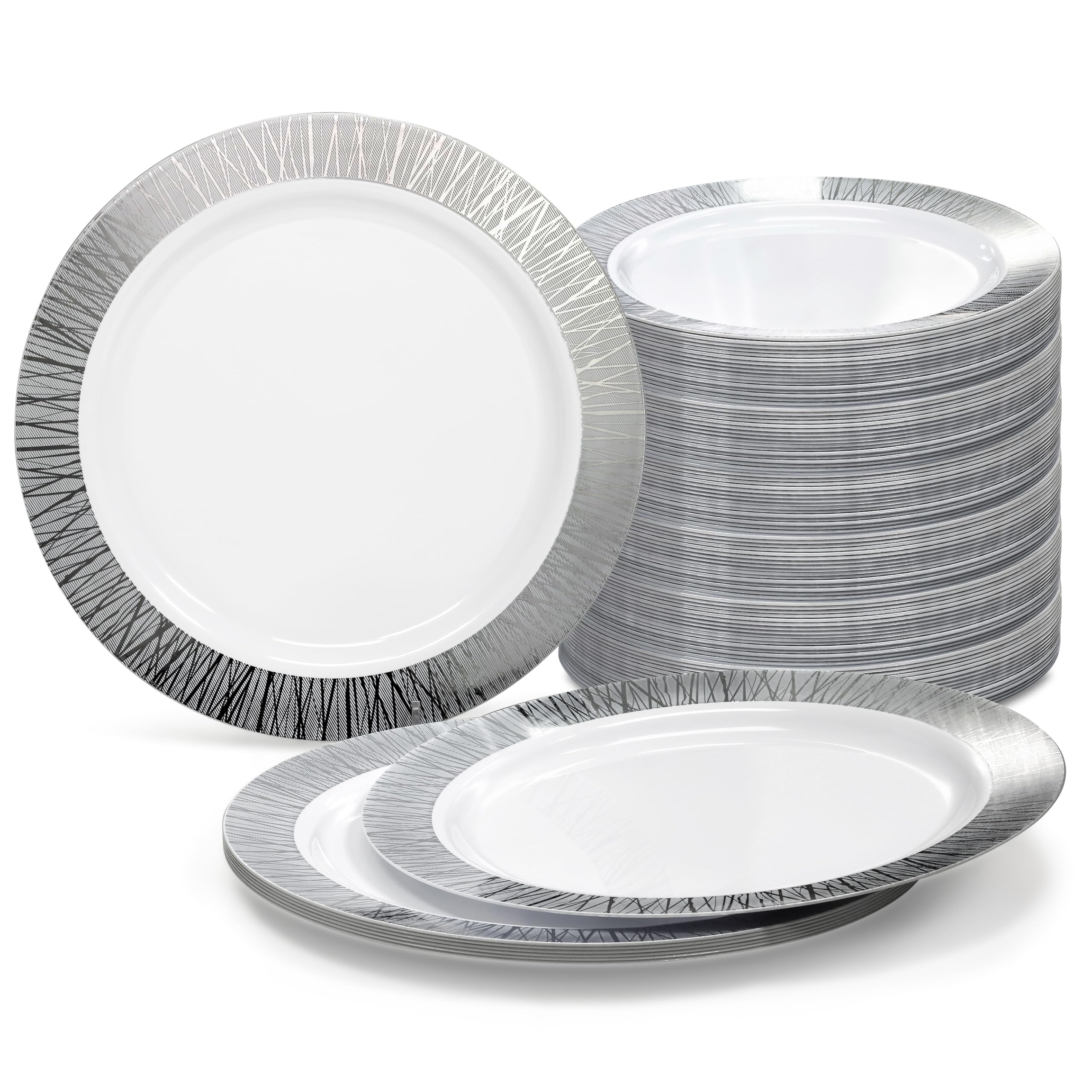 240-Pack Disposable Plastic Plates for Weddings & Parties - 10.25'' Elegant White & Silver Dinner Plates - Perfect for Bridal Showers, Birthday Celebrations & Catering Events