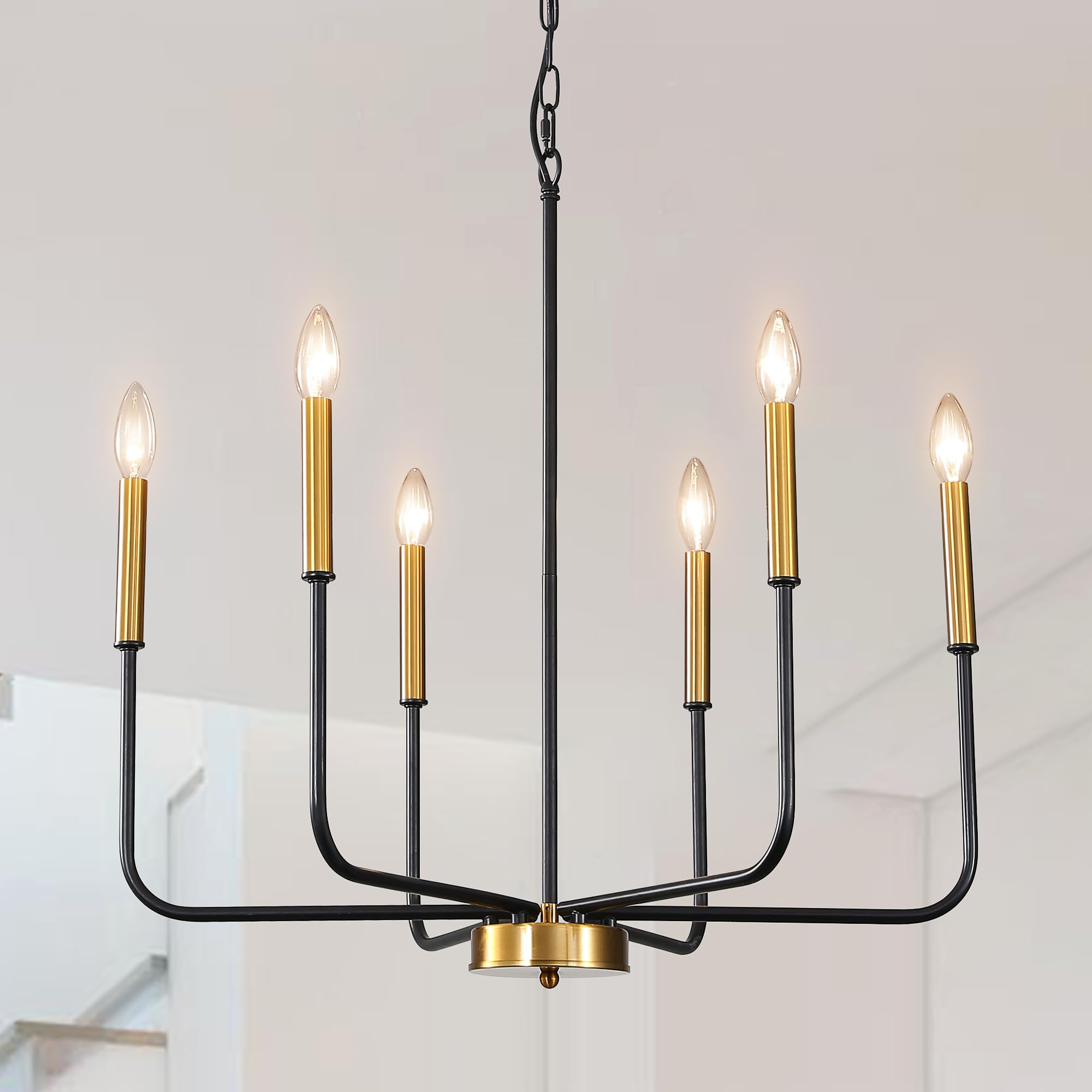 Modern 6-Light Black & Gold Farmhouse Chandelier - Adjustable Candle Pendant Light Fixture for Dining Room, Kitchen Island, Living Room & Entryway | Rustic Elegance for Home Decor & Wedding Venues