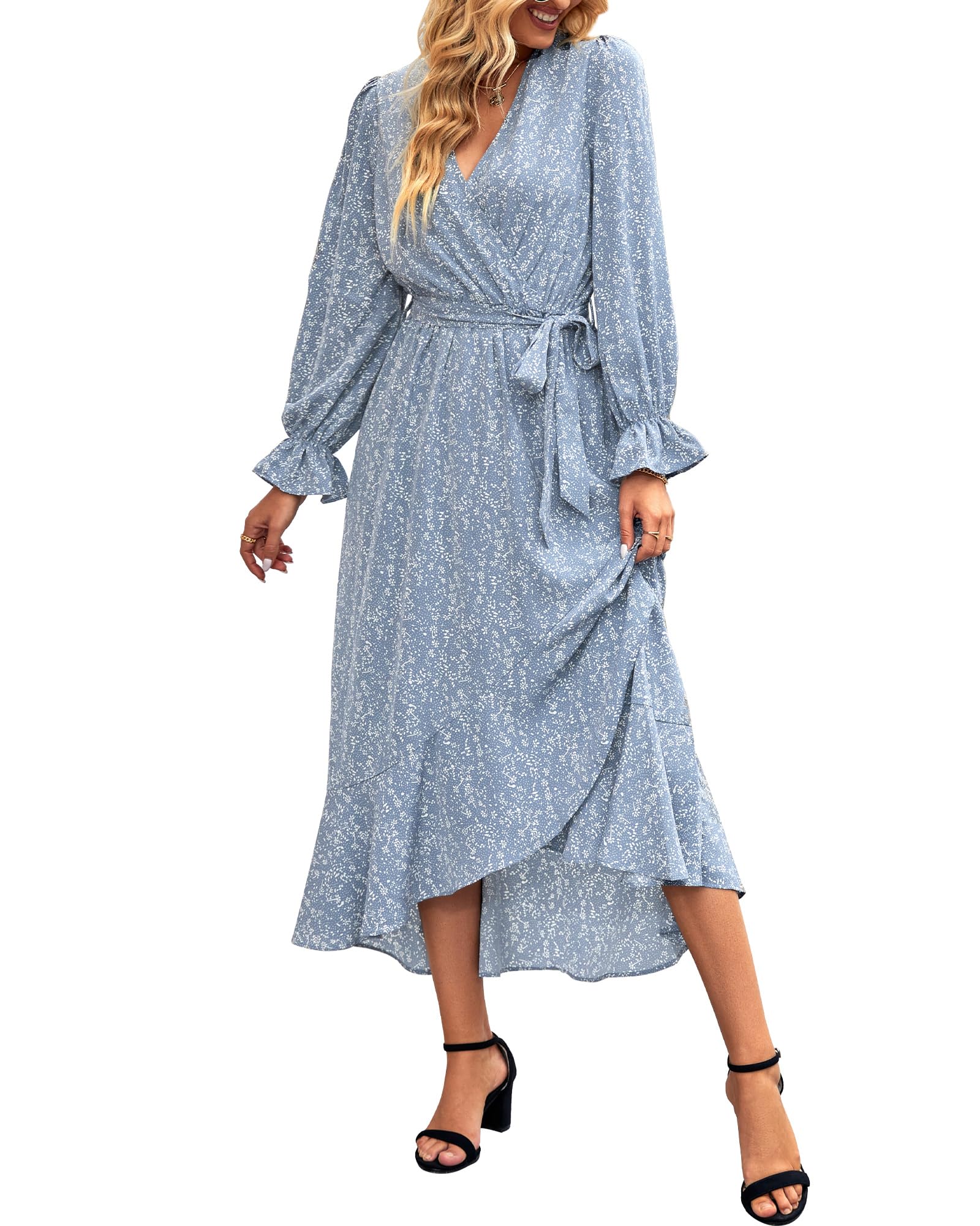 BTFBM Women's Floral V-Neck Long Sleeve Boho Dress - High Waist Ruffle Summer Wedding Guest Dress for Spring & Summer 2025 | Perfect for Garden Parties, Bridal Showers & Formal Events