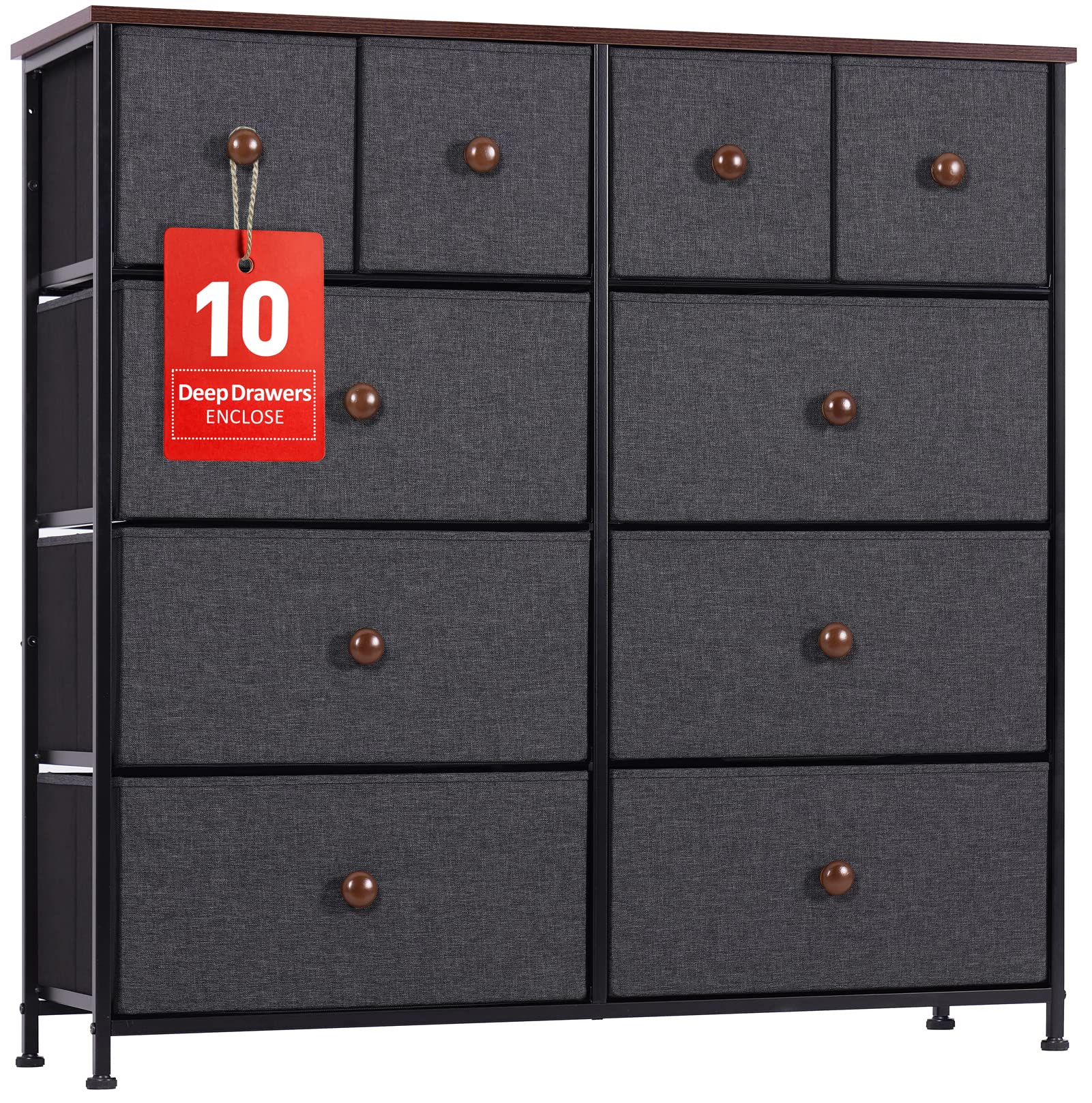 AOPSEN 10-Drawer Dresser - Tall Vertical Chest of Drawers with Sturdy Steel Frame & Wooden Top - Fabric Storage Organizer for Bedroom, Nursery, Closet - Black Grey - Perfect for Small Spaces & Apartment Living