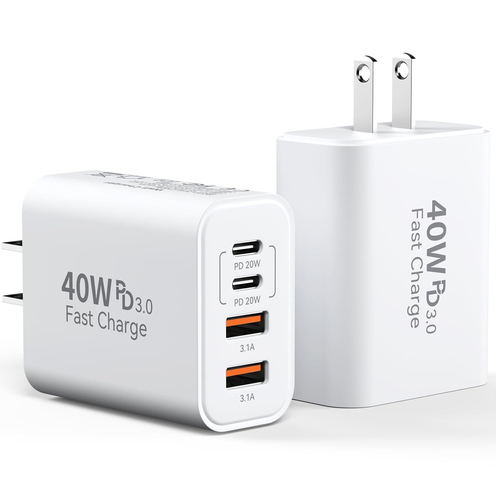 40W 4-Port USB C Fast Charger Block with PD & QC 3.0 - 2 Pack Wall Charger for iPhone 16/15/14/13/12/11 Pro Max, iPad, Samsung Galaxy, Pixel - Perfect for Home, Office & Travel Charging Needs