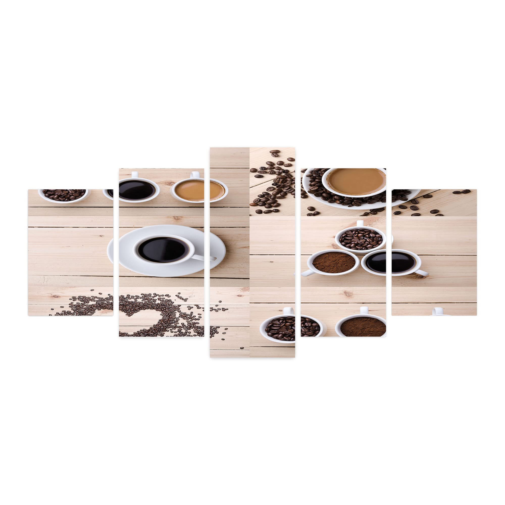 Ambesonne Coffee Themed 5-Panel Acrylic Glass Wall Art - Collage of Coffee Mugs, Beans & Wooden Table - Modern Home Decor for Living Room, Bedroom, Dorm - 60