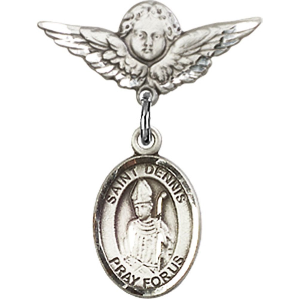 Sterling Silver Baby Badge with St. Dennis Charm & Angel Wing Pin - 7/8