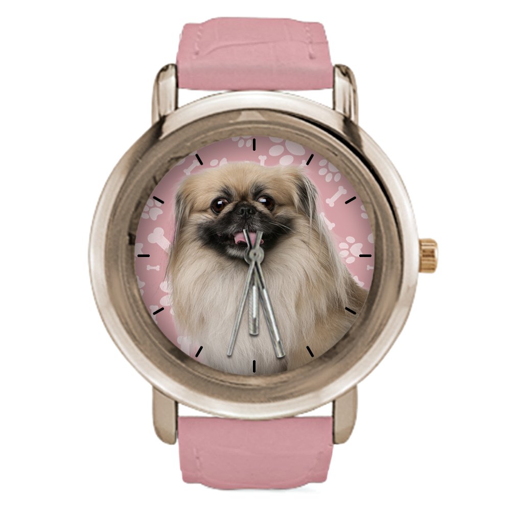 Rose Gold Women's Watches with Pekingese Dog Design - Pink Leather Strap, Elegant Gift for Dog Lovers | Perfect for Casual Wear, Office & Special Occasions