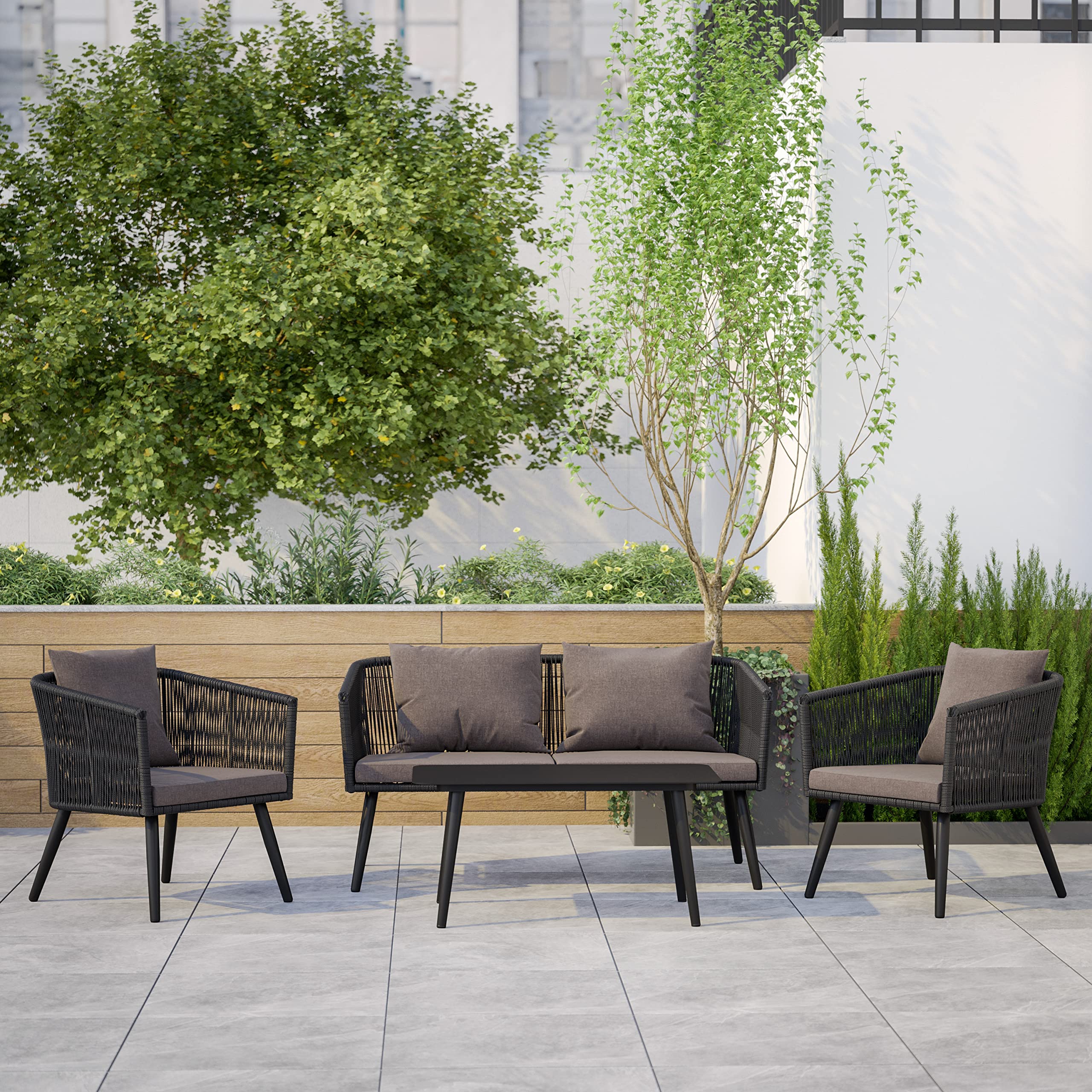 EMMA + OLIVER Alfresco Black & Gray Woven Outdoor Conversation Set - 4 Piece All-Weather Patio Furniture with 2 Chairs, Sofa & Metal Table - Includes Cushions for Backyard, Garden, Poolside & Deck Relaxation