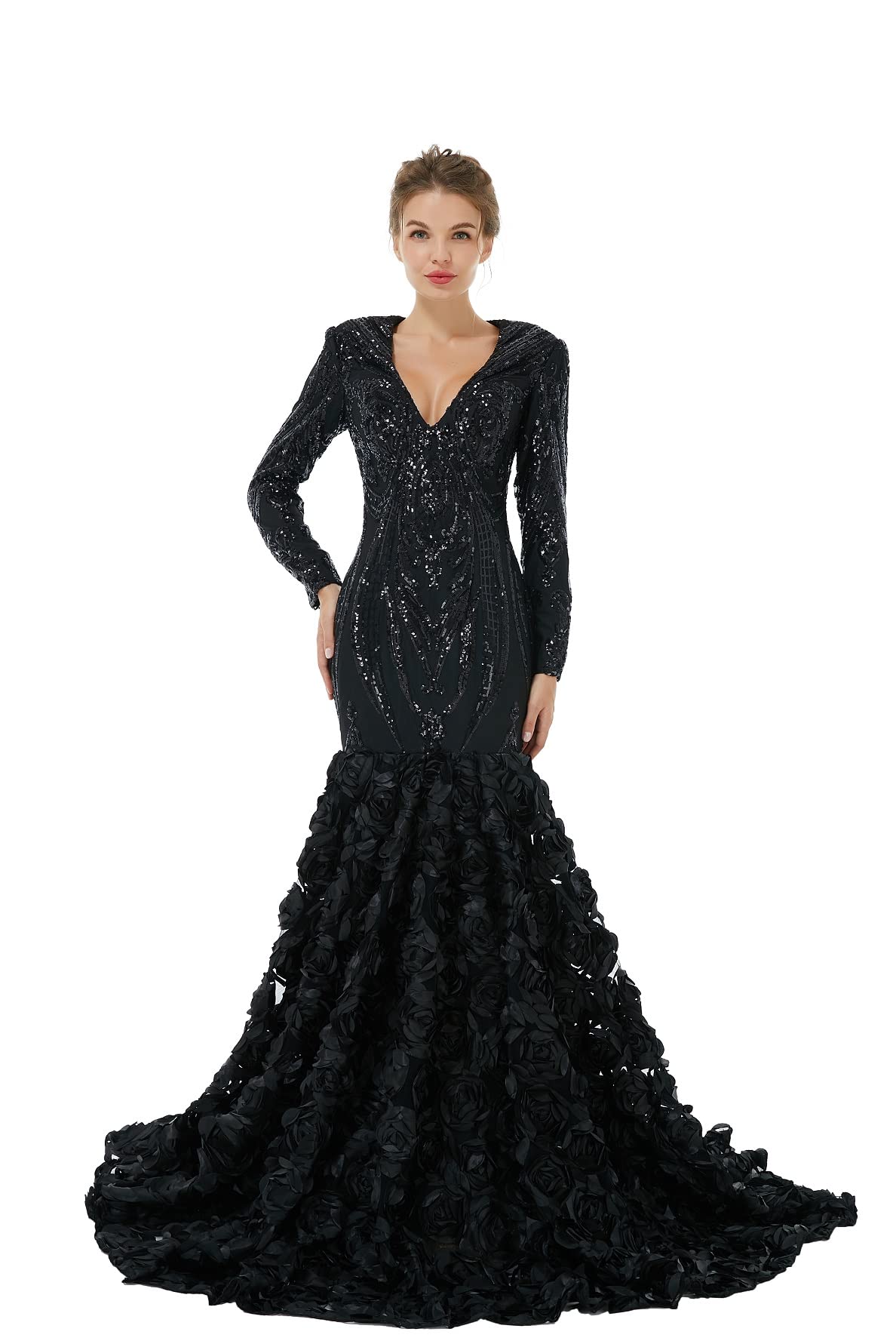 Elegant Women's Sequined Long Sleeve V-Neck Mermaid Evening Dress for Prom, Party, Pageant & Celebrity Events - Rose Floral Gown for Special Occasions