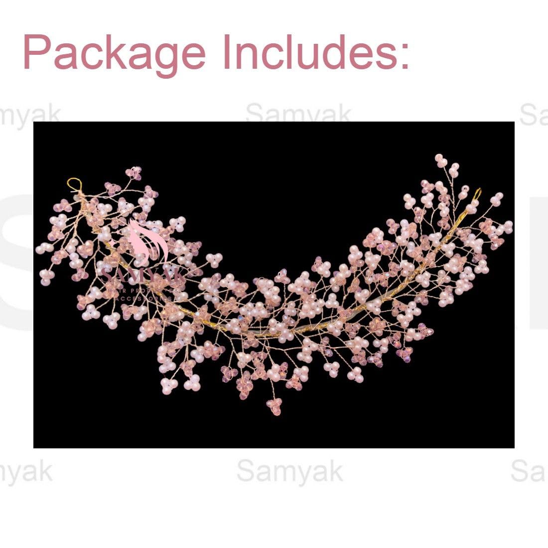 Samyak Crystal Pearl Hair Tiara Headband - Elegant Bridal Hair Accessory for Women | Wedding, Bridesmaid, Prom, Party | Sparkling Hair Vine with Pearls for Updo, Bun, or Half-Up Styles (Pink, 1 Pack)