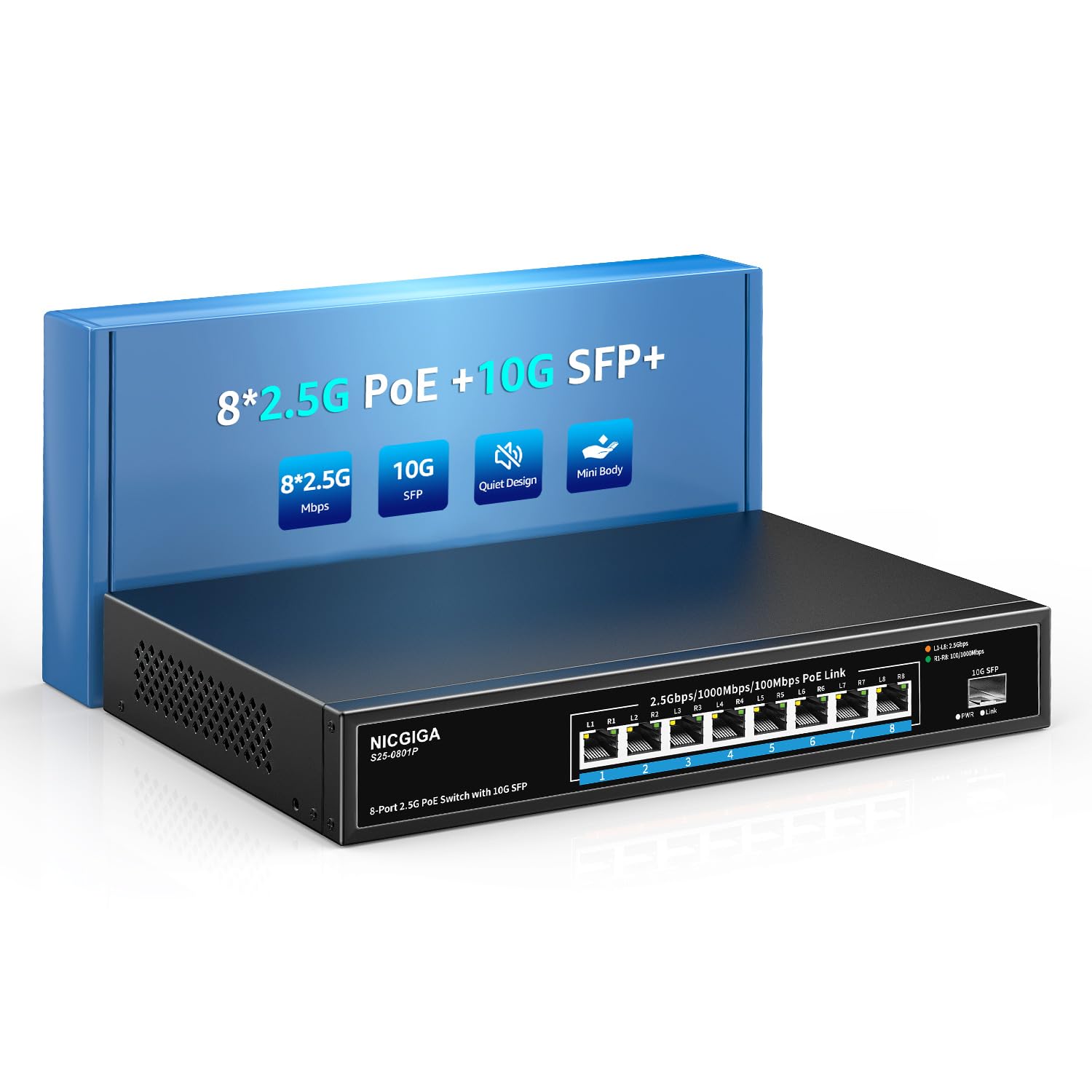 8 Port 2.5G PoE Switch Unmanaged - 8 x 2.5GbE PoE+ @120W with 10G SFP Uplink - IEEE 802.3af/at Compliant - Ideal for WiFi6 Access Points, NAS Storage, 4K PoE Security Cameras & NVR Systems - Perfect for Home Office & Business Network Setup