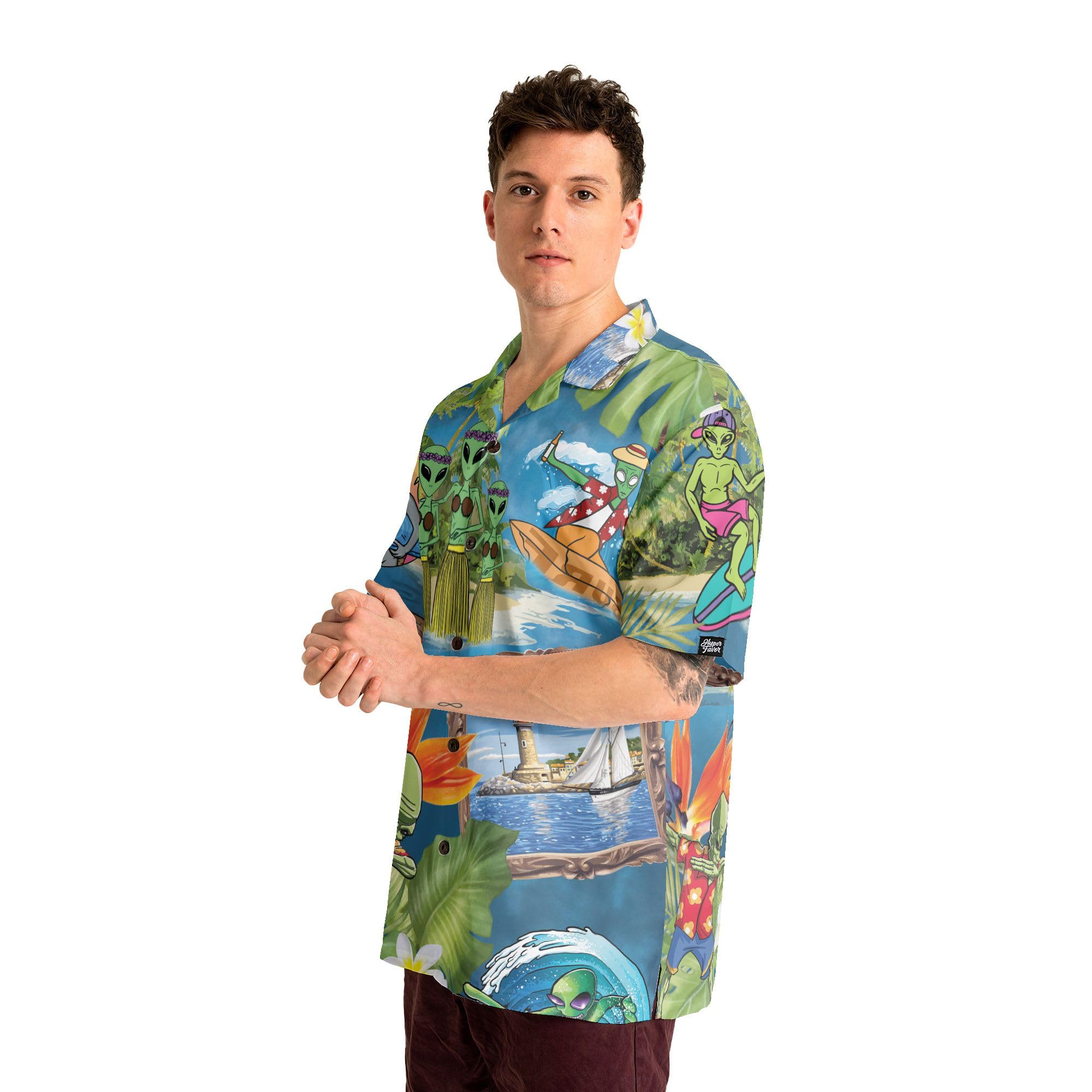 Funny Alien Shirts for Men | Casual Short Sleeve Hawaiian Shirts with Unique Alien Print | Perfect for Beach Parties, Cosplay & Sci-Fi Events