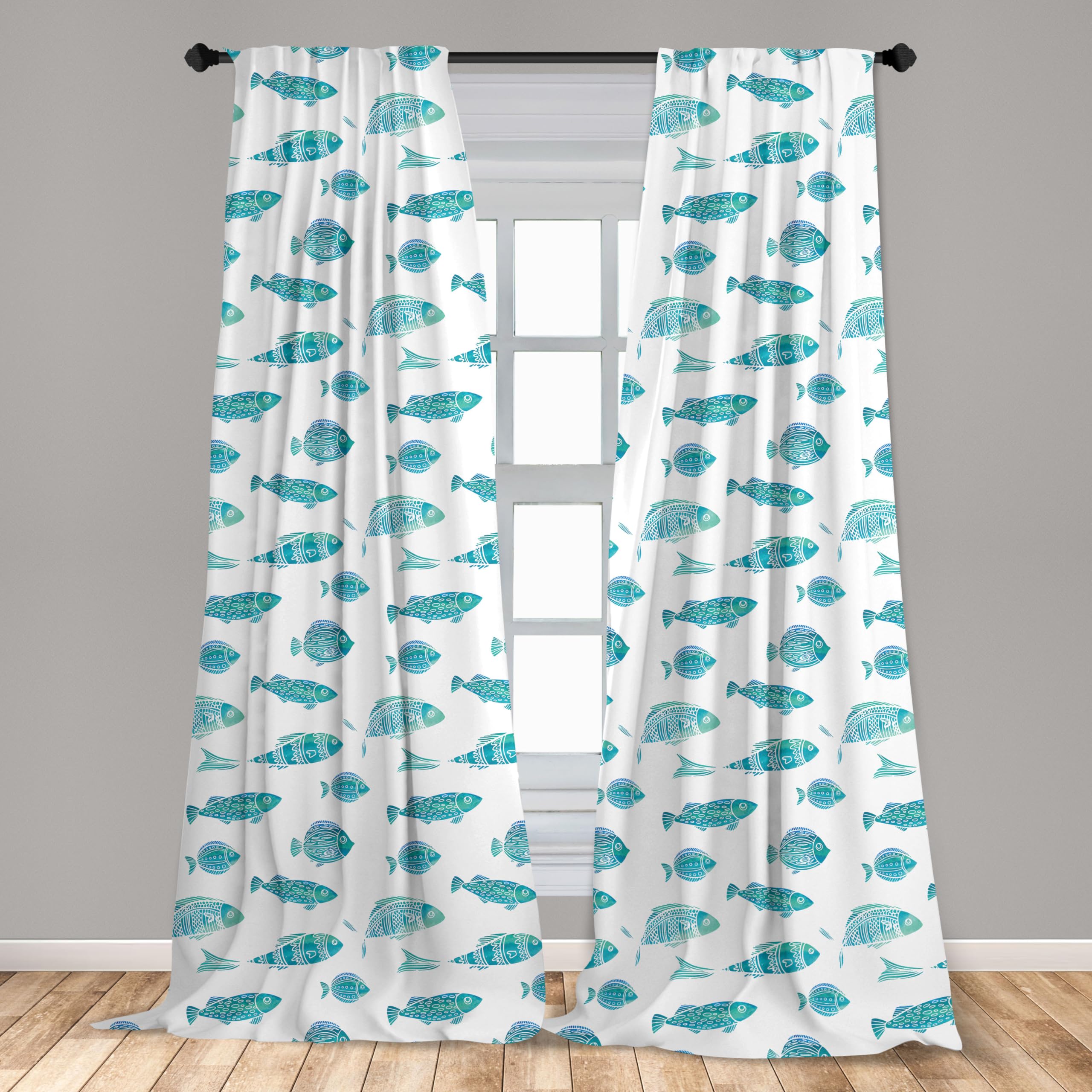 Ambesonne Fish Window Curtains - Doodle Art Ocean Animal Silhouettes Aquatic Underwater Life Decor - Lightweight 2-Panel Set with Rod Pocket - 28