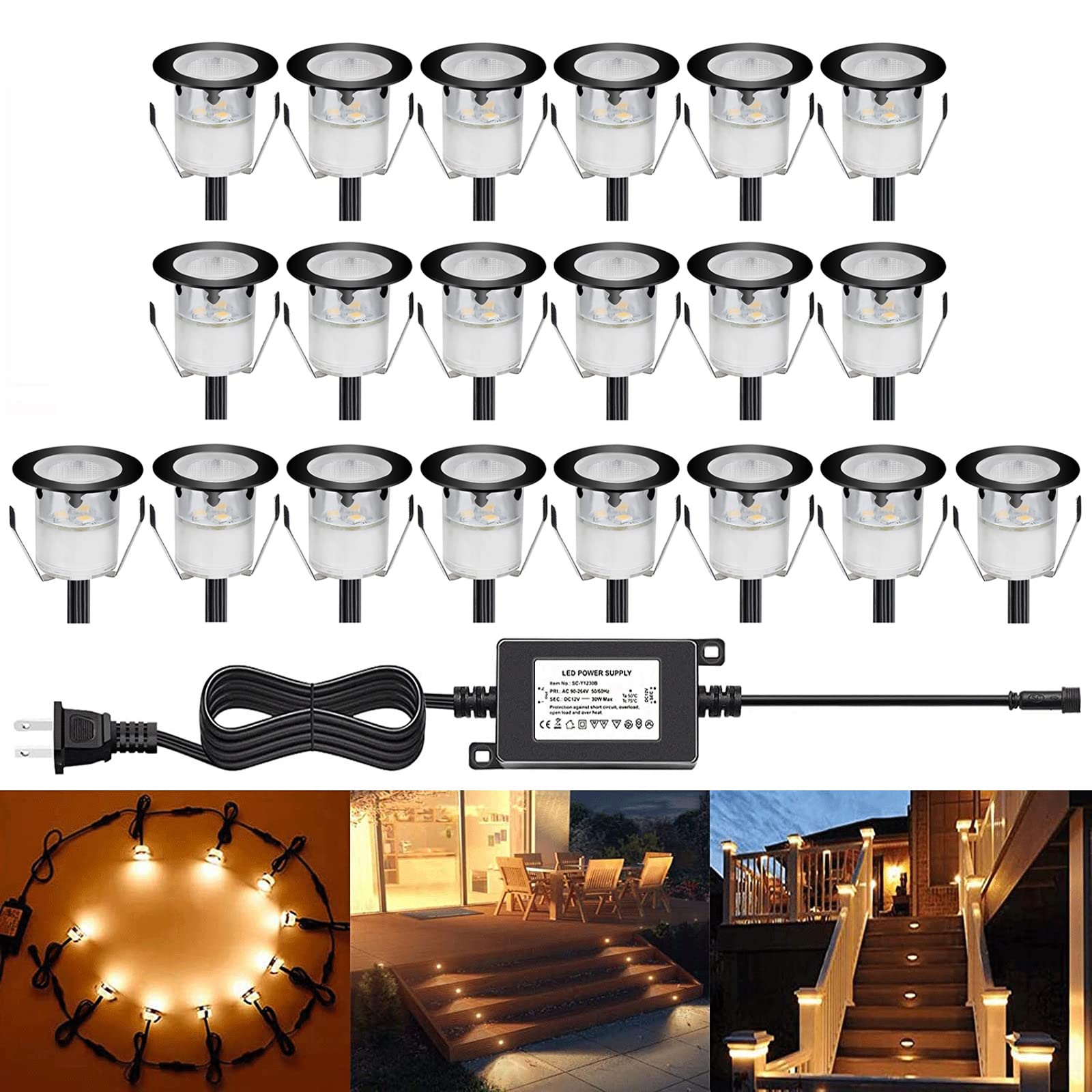 12V Low Voltage Recessed LED Deck Lighting Kit - 20pcs Warm White Waterproof IP67 In-Ground Lights for Steps, Stairs, Patio, Pool Deck & Outdoor Landscape - Perfect for Pathway, Garden, Driveway & Backyard Illumination