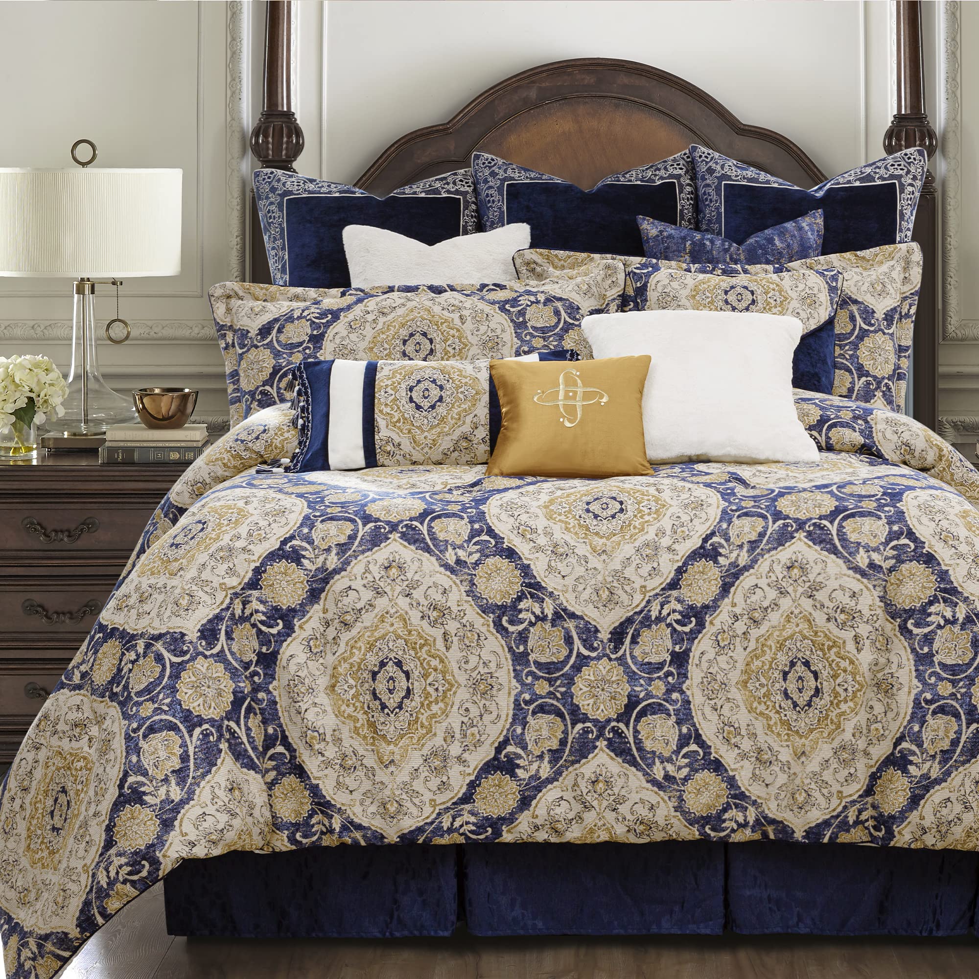 Loom and Mill 12-Piece Queen Size Bedding Comforter Set - Ultra Soft Contemporary Damask Jacquard Bed in a Bag with Bed Skirt, Euro Shams & Decorative Pillows - Navy Blue (Malta) - Perfect for Master Bedroom, Guest Room & Luxury Hotel Decor