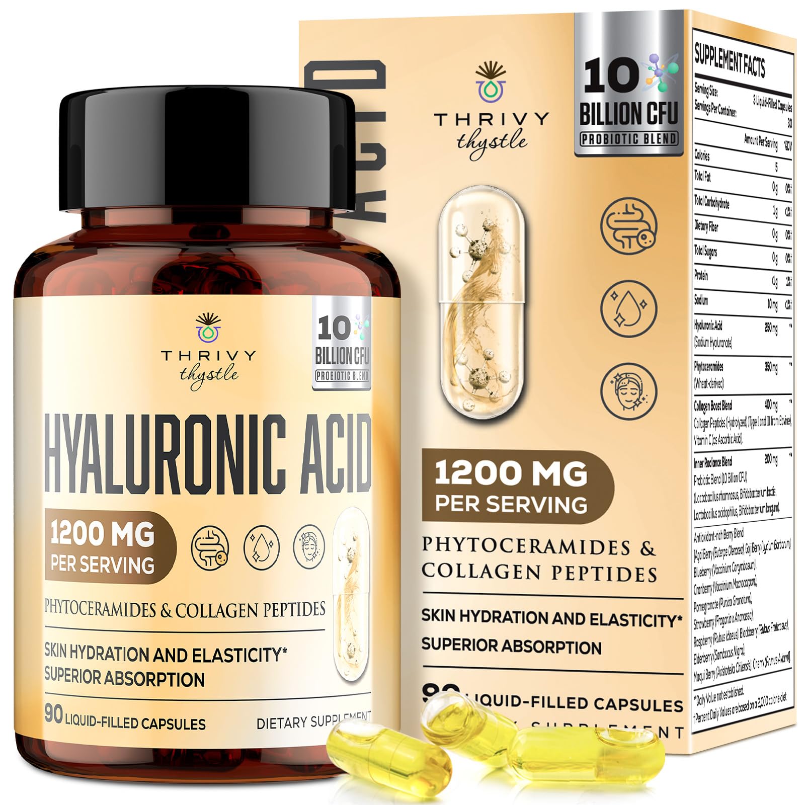 19-in-1 Hyaluronic Acid Capsules 1200mg with Collagen Peptides, Vitamin C & Phytoceramides - Skin Hydration, Joint Support & Eye Health Supplement - Perfect for Anti-Aging, Dry Skin Relief & Mobility Enhancement (1 Pack)