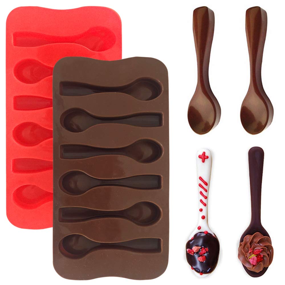 4 Pack Silicone Spoon Molds for Chocolate & Candy Making - DIY Chocolate Spoon Molds for Baking, Party Favors, Holiday Decor (Red & Brown) - Perfect for Valentine's Day, Christmas & Birthday Treats