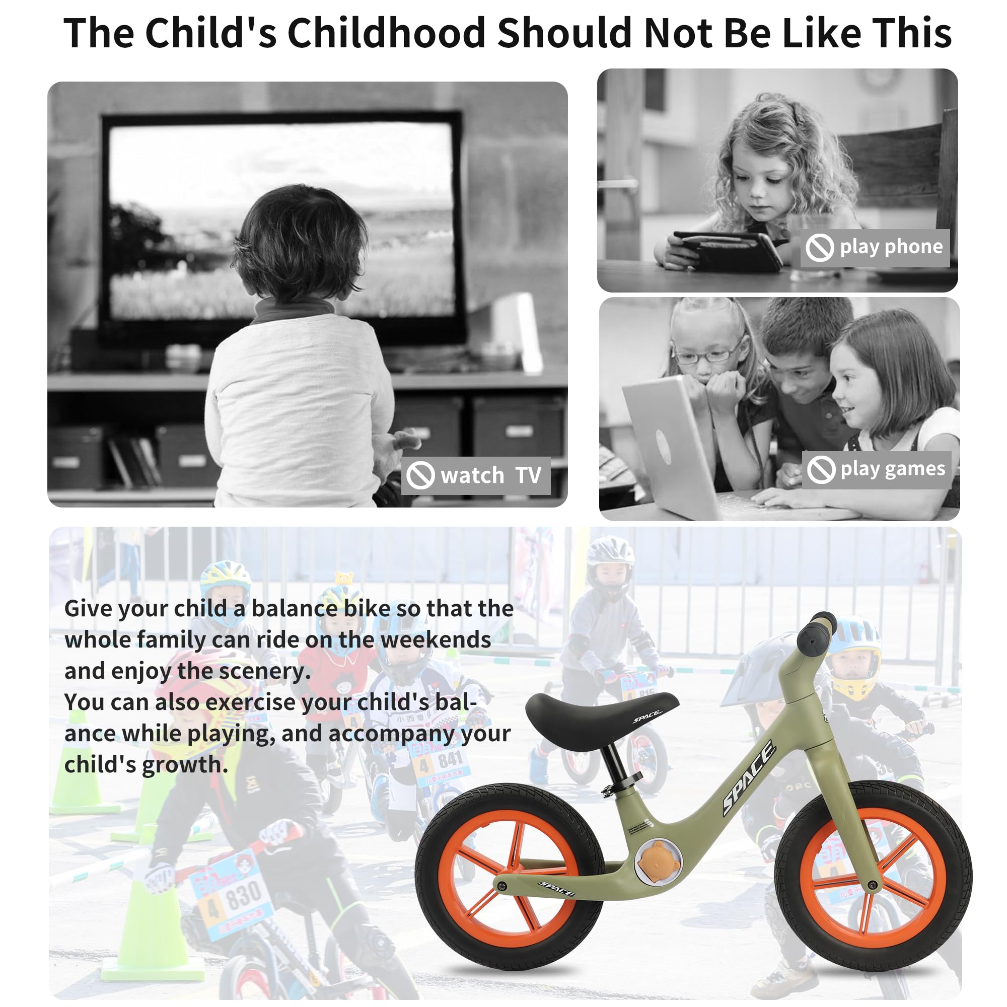 SpaceBaby Balance Bike for 3-5 Year Old Kids - Adjustable Seat, Pedals & Flat-Free Tires - Perfect First Bike for Toddler Boys & Girls - Ideal for Outdoor Play, Backyard Riding & Learning to Cycle