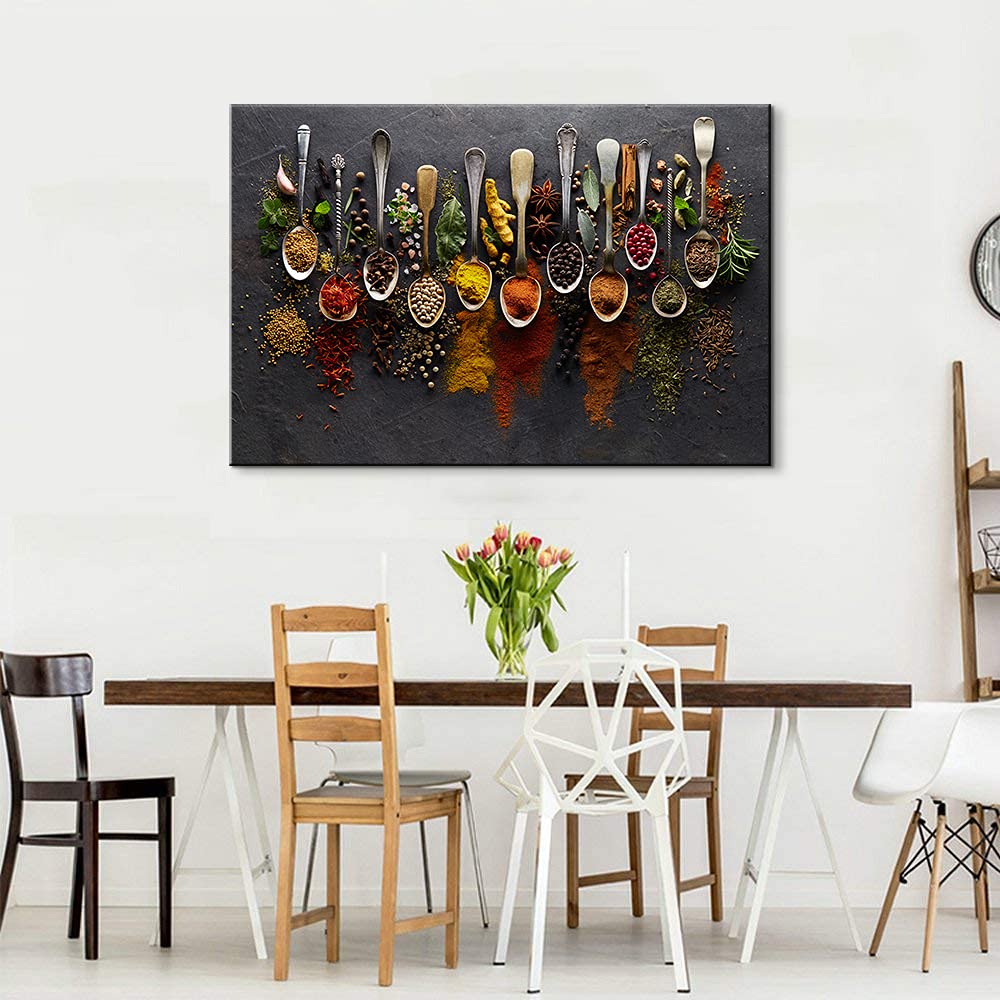 Vibrant Spices & Spoon Canvas Print - Kitchen Wall Art Decor for Dining Room, Framed Food Art (28''Hx40''W) - Perfect for Farmhouse, Modern & Rustic Kitchen Decor