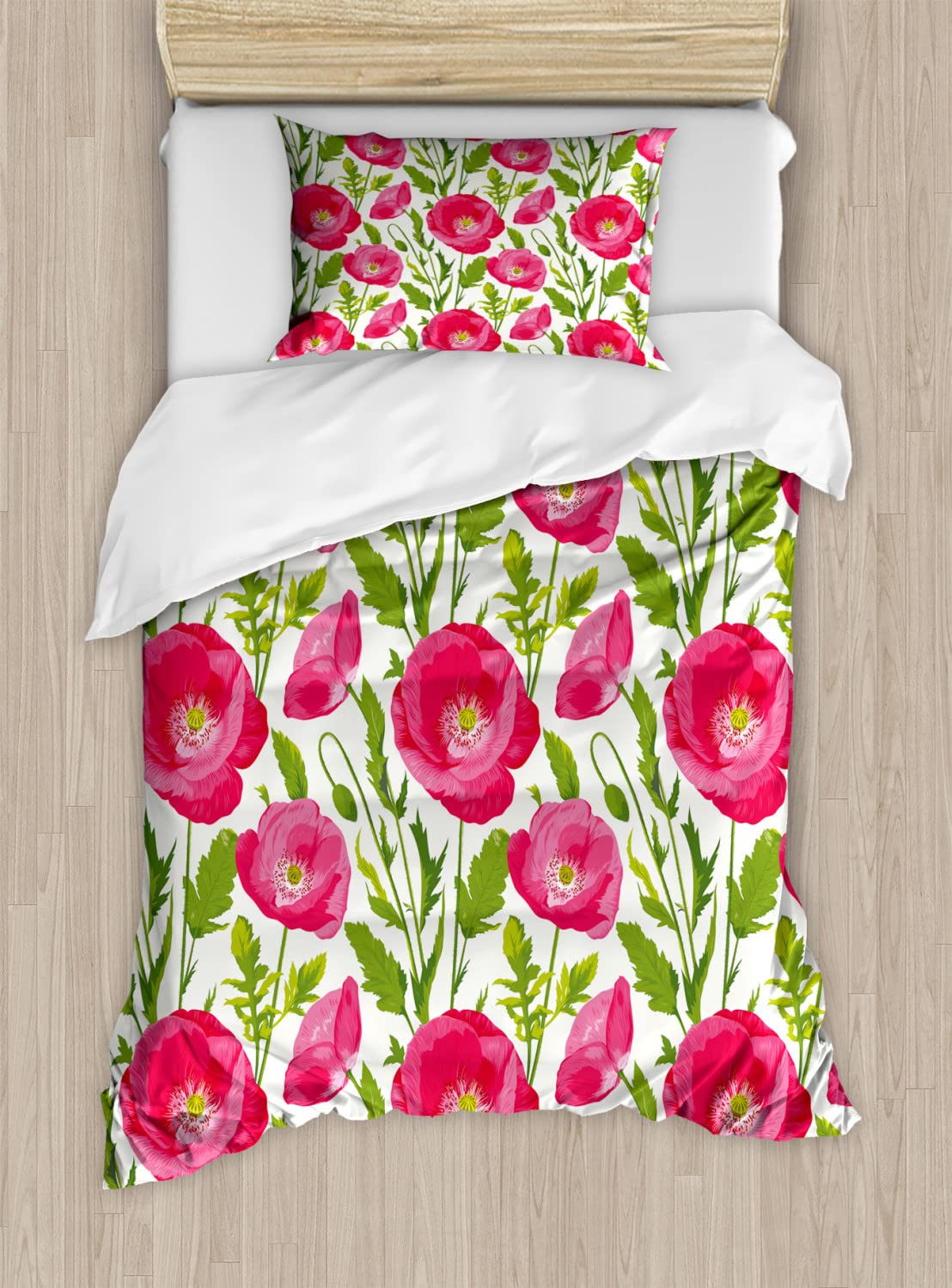Ambesonne Floral Duvet Cover Set - Twin Size 2-Piece Bedding with Poppy Flower Design, Watercolor Leaves & Petals in Green Pink Cream - Romantic Valentine's Day Gift for Bedroom Decor
