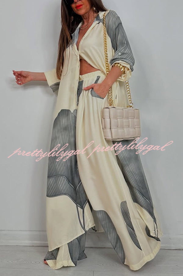 Stylish Printed Casual Loose Long Shirt & Elastic Waist Pocket Wide Leg Pants Set - Women's Comfortable Outfit for Work, Travel and Daily Wear