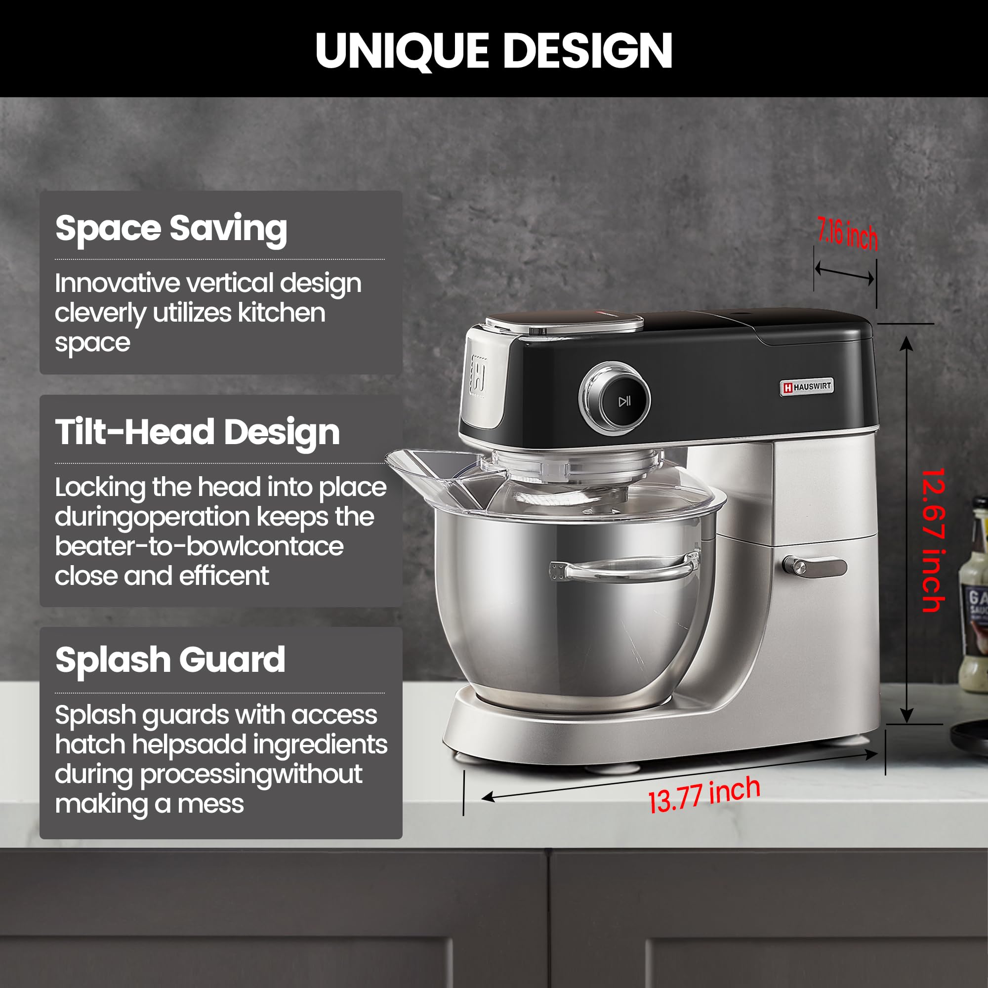 HAUSWIRT 5.3QT Stand Mixer - 11-Speed Electric Kitchen Mixer with Stainless Steel Attachments (Egg Whisk, Dough Hook, Flat Beater) - LED Display Household Mixer for Baking, Cooking & Meal Prep - Perfect for Cakes, Cookies, Bread & Dough - Black