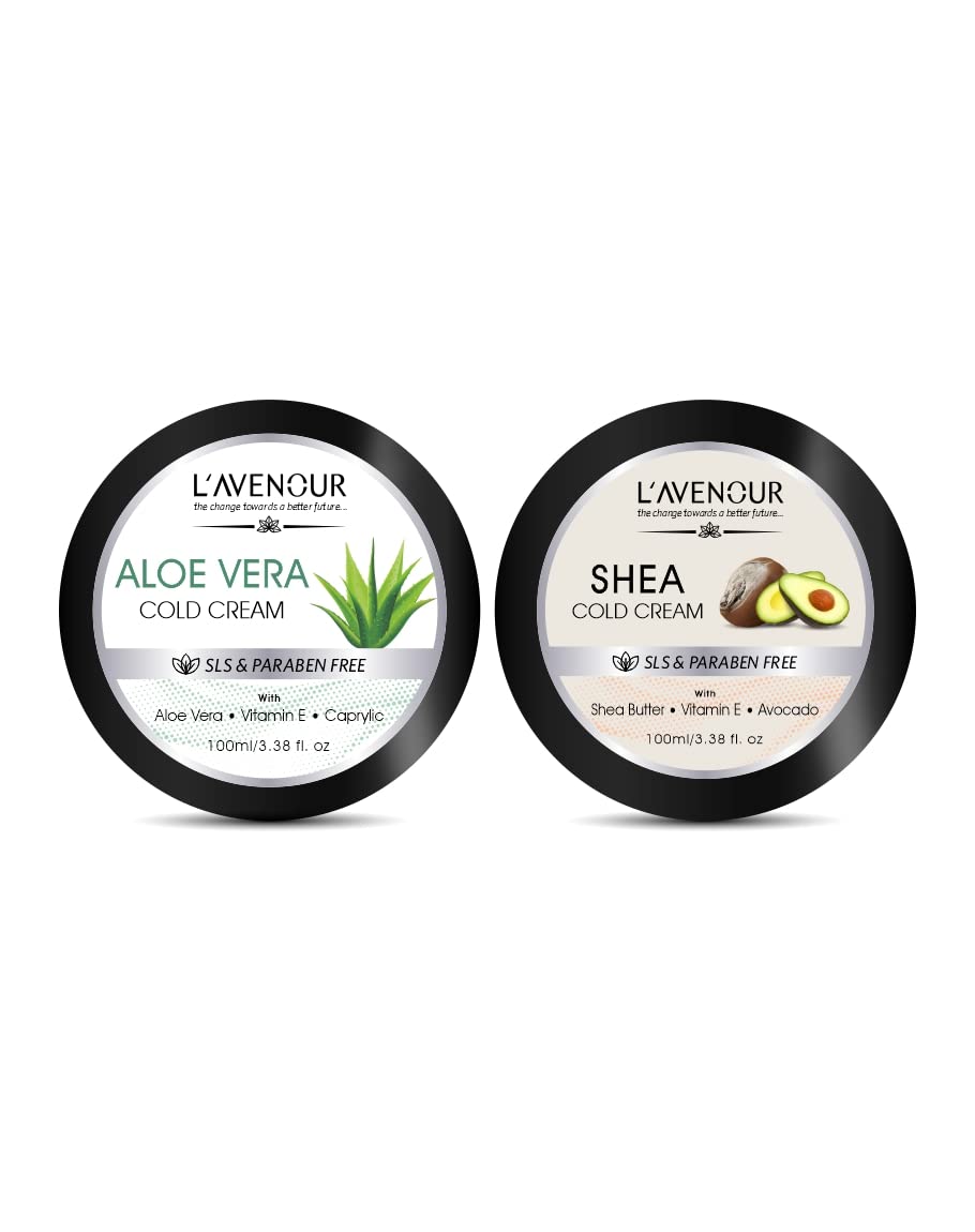 L'avenour Shea & Aloe Vera Cold Cream for Dry Skin - Vitamin E Enriched with Shea Butter, Aloe Vera, Avocado - SLS & Paraben Free Moisturizing Cream for Hands & Body - 200ml (Pack of 2) | Perfect for Winter Care, Night Routine & Sensitive Skin Hydration