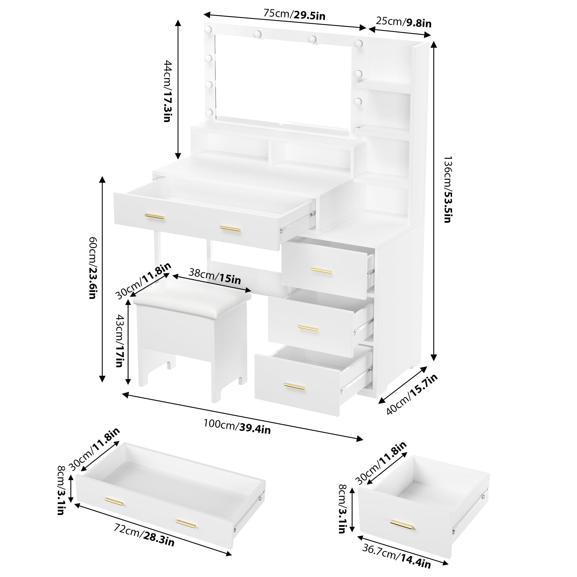 LED Makeup Vanity Desk with Mirror & 9 Lights, 5 Drawers for Bedroom Beauty