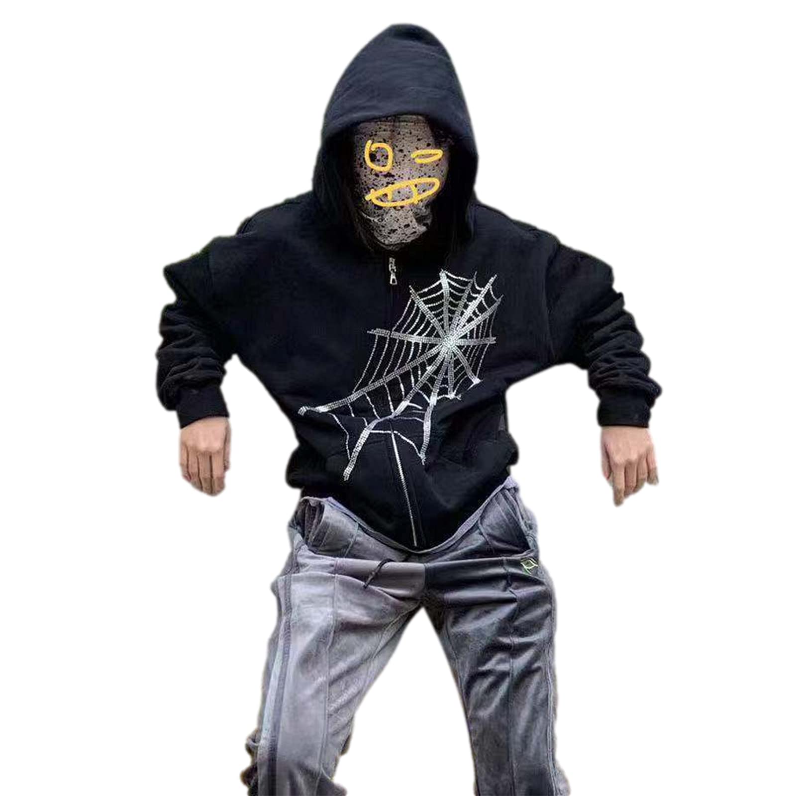 Tsnbre Women's Oversized Rhinestone Spider Web Print Zip Up Sweatshirt | Y2K Streetwear Jacket | Halloween Costume & Casual Outfit