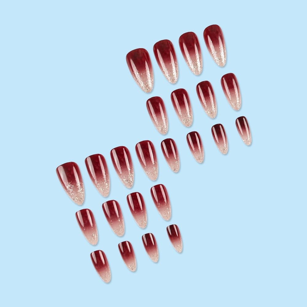 24 PCS Medium Almond Press on Nails - Wine Red Gradient Glossy Fake Nails with Full Cover Design | Reusable Glue on Artificial Nails for Women | Perfect for Parties, Weddings & Daily Wear