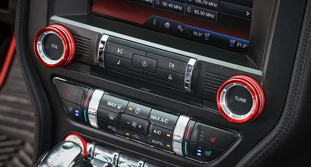 2-Pack Red Stereo Audio Volume Control Knob Covers for 2015-2023 Ford Mustang | Dash Accessories & Car Interior Upgrade | Perfect for Music Lovers & Custom Car Enthusiasts