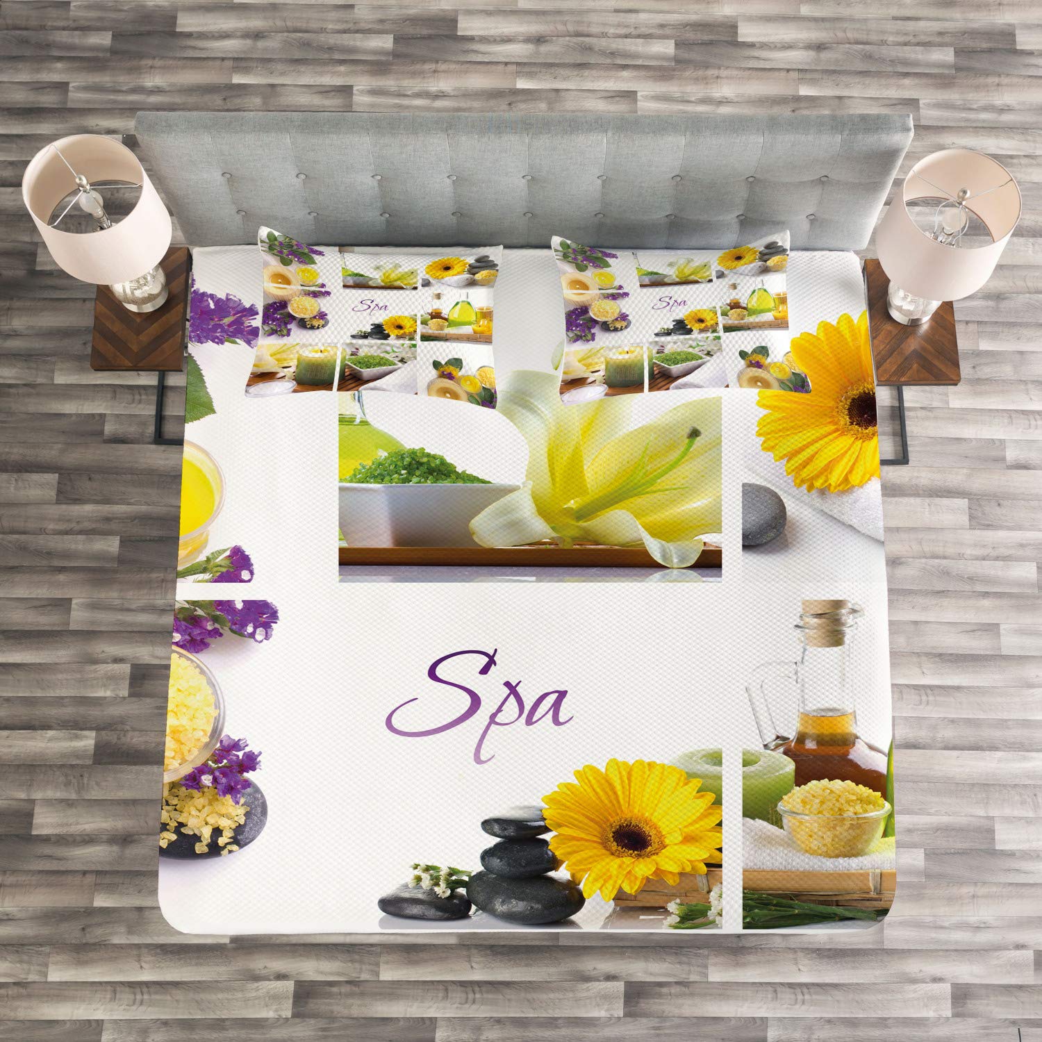 Ambesonne 3-Piece King Size Spa Bedspread Set - Yellow Happy Peaceful Floral Design with Candles & Herbal Oils | Decorative Bedding Coverlet & 2 Pillow Shams in Yellow, Purple & White | Perfect for Spa-Themed Bedrooms, Relaxing Retreats & Gift Giving