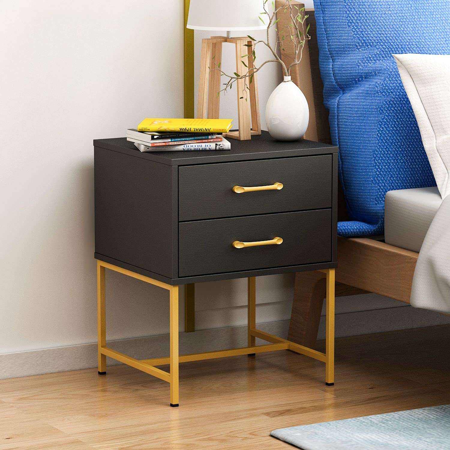 FAMAPY Modern Industrial Nightstand Set of 2 - Black Bedside Tables with Drawers & Metal Frame (17.7”L x 15.7”W x 22.8”H) - Sturdy End Tables for Bedroom, Living Room, or Office Space