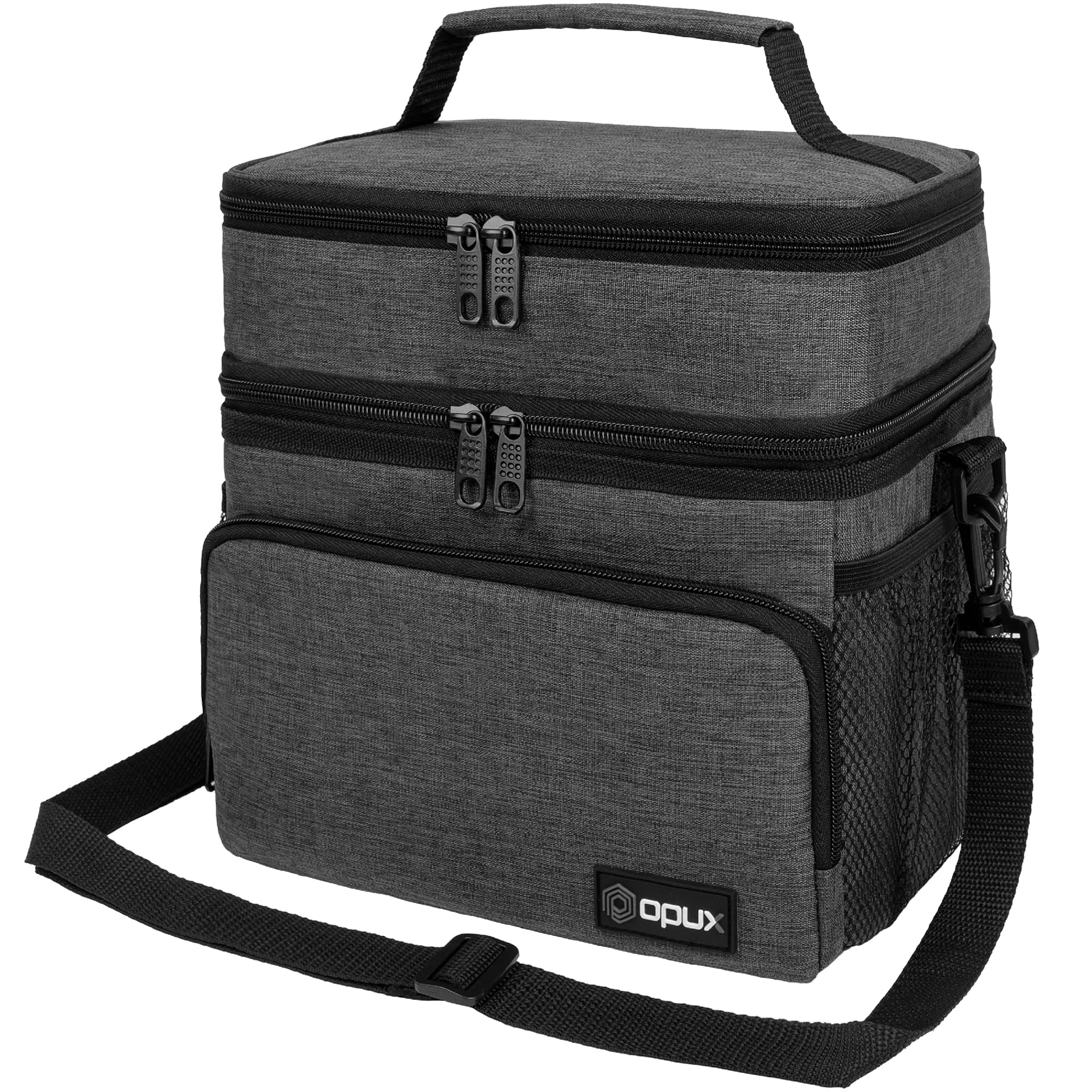 OPUX Insulated Lunch Bag for Men & Women - Large Dual Compartment Cooler Bag with Leakproof Design - Soft Two Deck Lunch Box for Work, School & Picnic - Adjustable Strap for Adults & Kids (Charcoal Gray) - Perfect for Office Meals, Outdoor Adventures & Family Outings