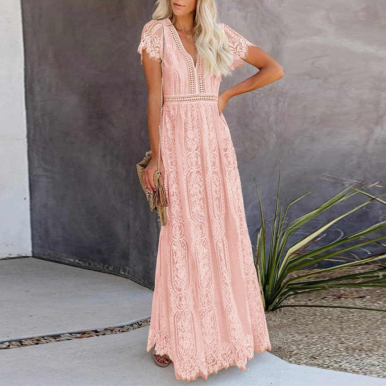 Elegant RKSTN Summer Maxi Dress for Women - V-Neck Short Sleeve Floral Lace Dress | Wedding Guest, Bridesmaid & Prom Long Dress 2024 | Perfect for Beach Parties, Garden Weddings & Formal Events