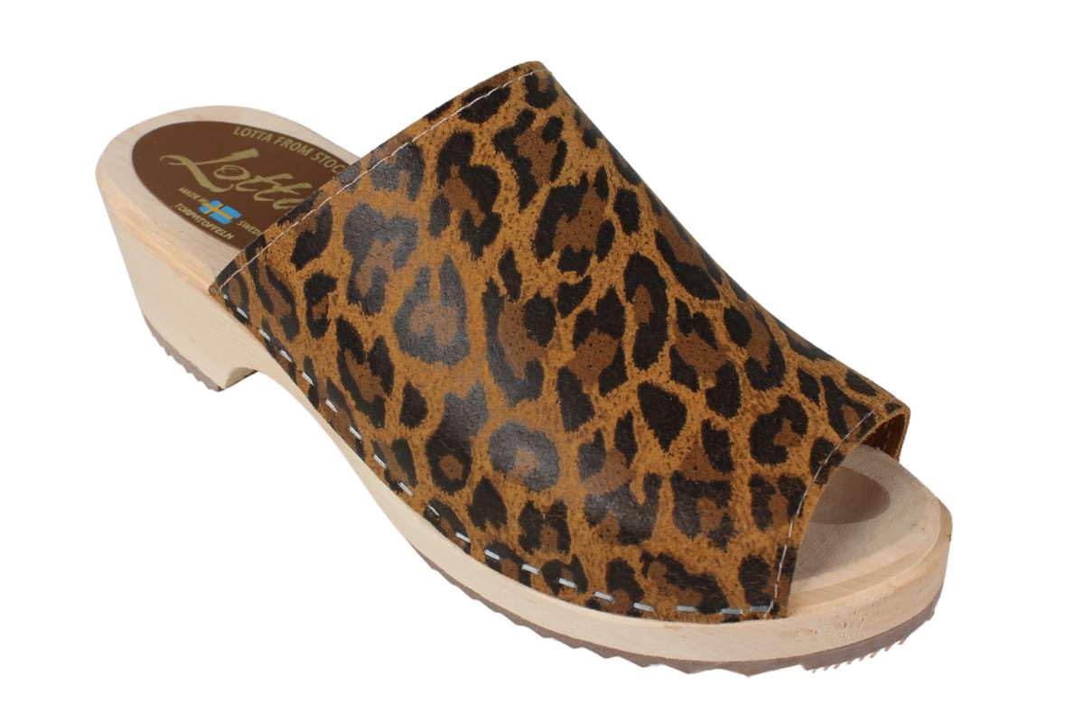 Berit Classic Swedish Clogs for Women | Open Toe Mules with Genuine Leather & Alder Wood Base | Handcrafted in Sweden | Leopard Print Design | Perfect for Casual Wear, Office & Summer Outfits
