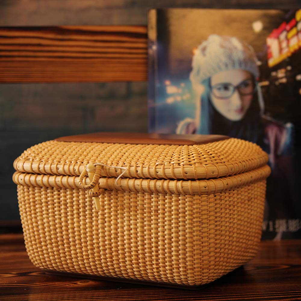 Handwoven Rattan Storage Basket Set with Lid - Nantucket Rectangular Baskets for Shelves, Home Organization & Decor | Perfect for Bedroom, Bathroom & Living Room Storage