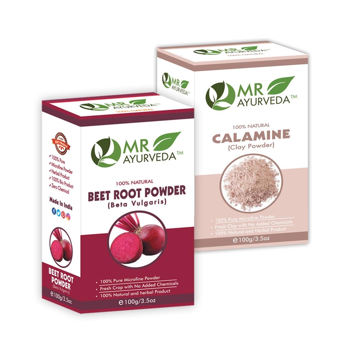 MR Ayurveda 100% Organic Beetroot Powder & Calamine Clay Powder Combo (200g) - Natural Skin Care & Detox Supplement for Face Masks, Smoothies & Beauty Routines