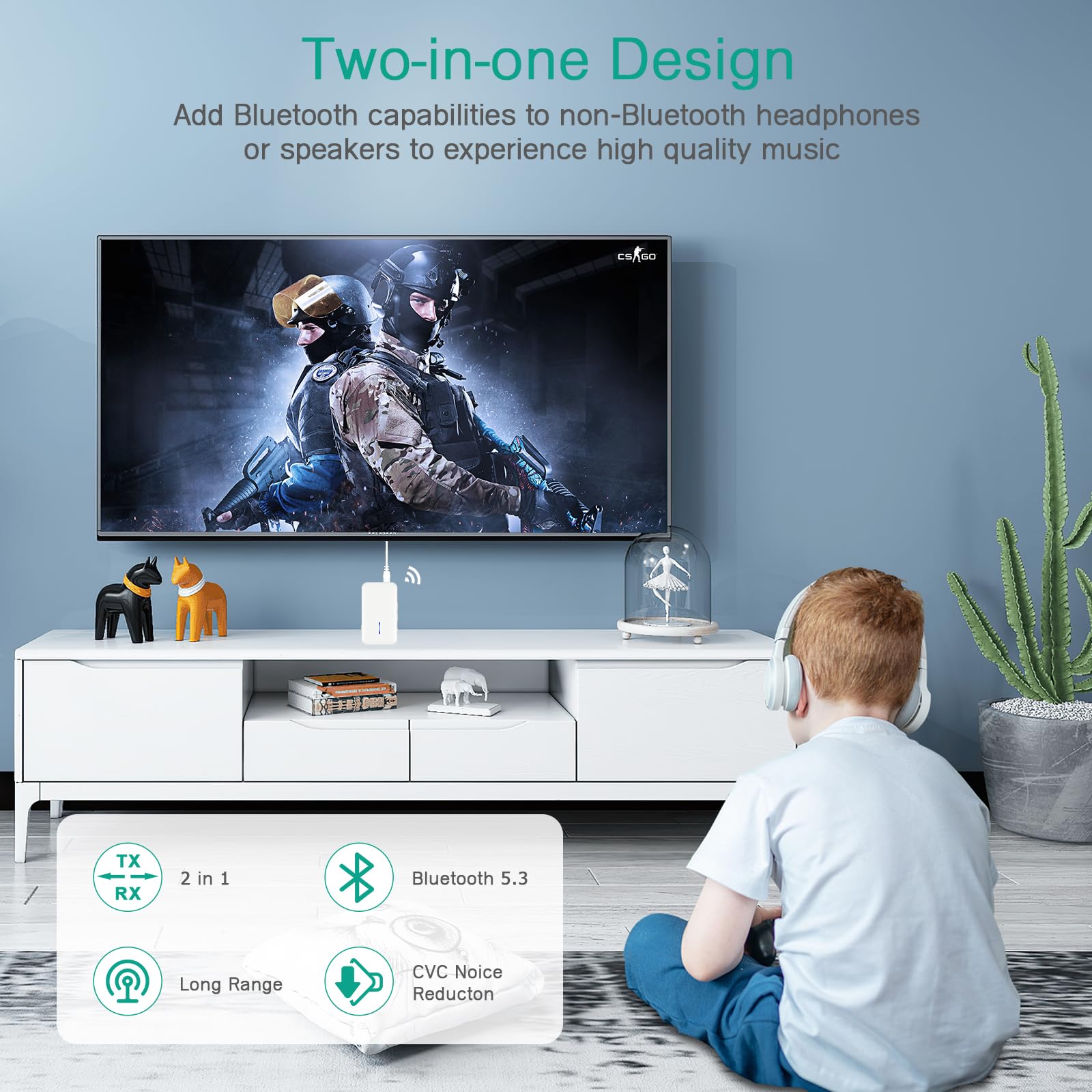 ORIA Bluetooth 5.3 Transmitter and Receiver 2-in-1 Wireless Audio Adapter with TF Card Slot, Volume Control & Noise Cancellation - 3.5mm Aux Bluetooth Converter for TV, PC, Headphones, Speakers, Home Stereo - Perfect for Home Entertainment & Wireless Audio Streaming
