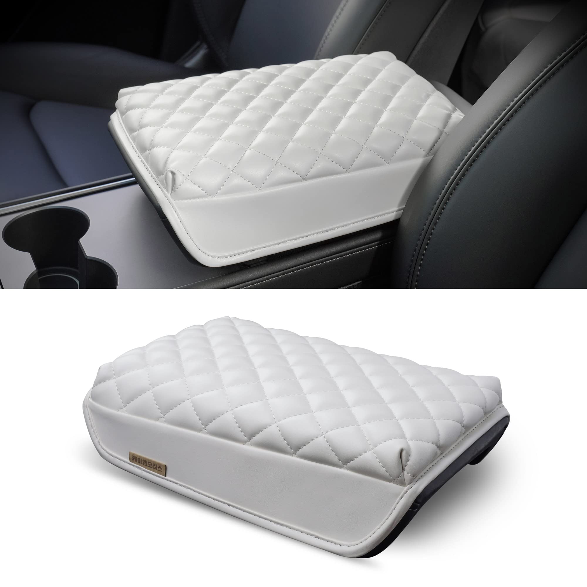 KMMOTORS Premium Quilted Vegan Leather Center Console Cover for Tesla Model Y & Model 3 - White Armrest Cushion & Console Protector Accessories | Perfect for Road Trips & Daily Commuting