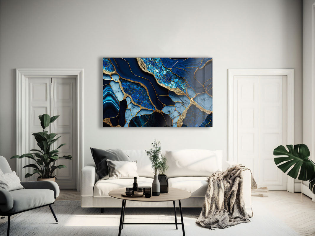 Golden Veined Blue Abstract Wall Art - Modern Canvas Painting for Home & Office Decor - Perfect for Living Room, Bedroom or Workspace