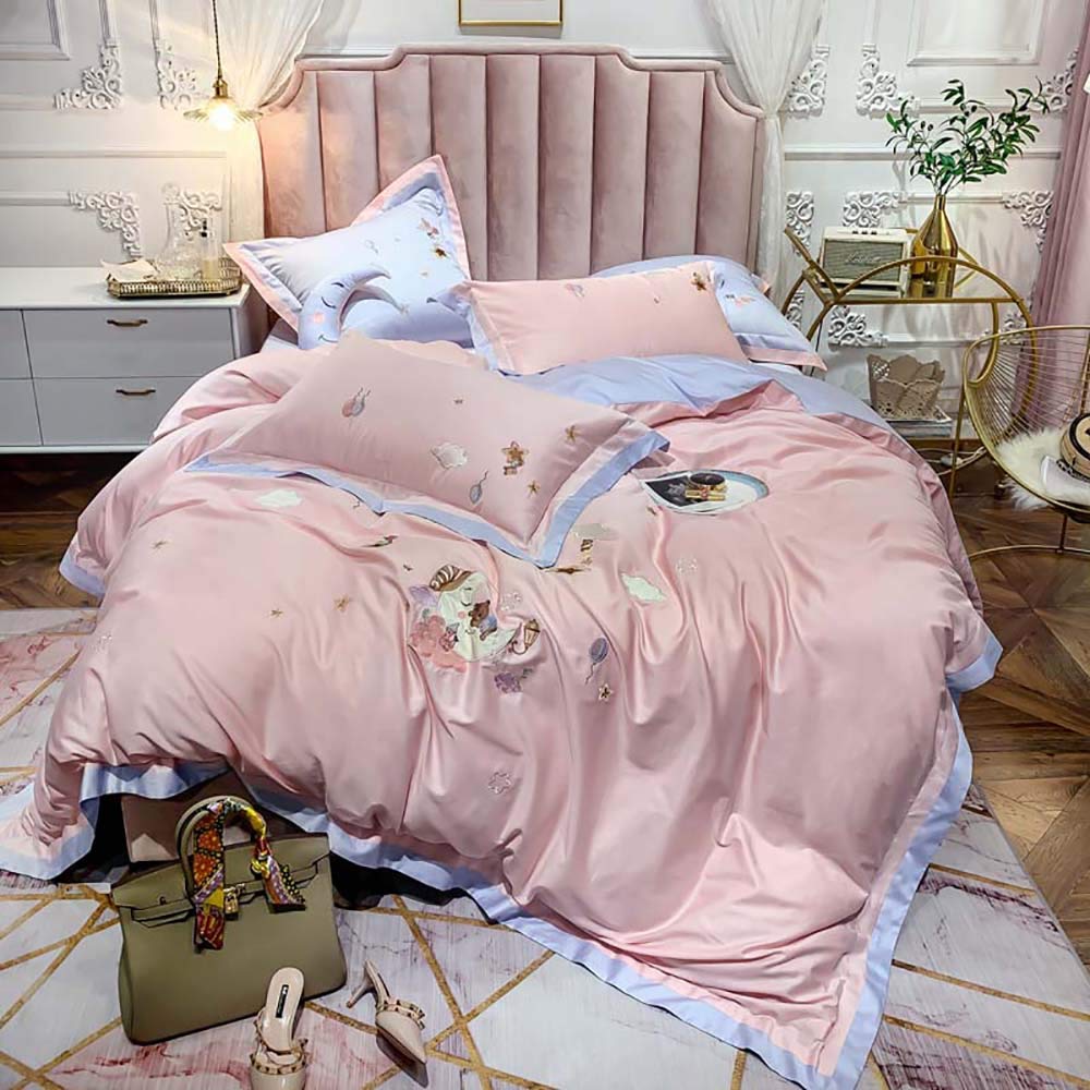 FACAI 100% Cotton King Size Duvet Cover Set - Pink & Navy Blue Cartoon Embroidery (220x240cm) | Soft Breathable Bedding for Twin/Double Beds | Perfect for Kids' Rooms, Guest Bedrooms & Cozy Home Decor