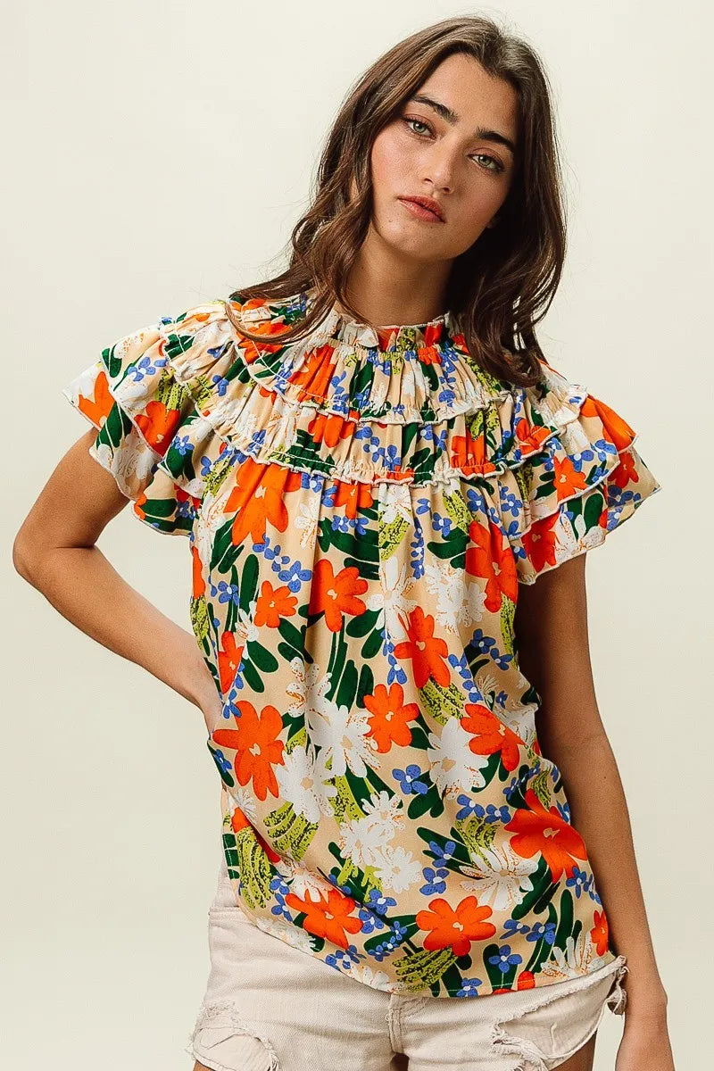BiBi Women's Floral Print Woven Blouse - Casual Short Sleeve Summer Tops for Beach, Vacation & Everyday Wear