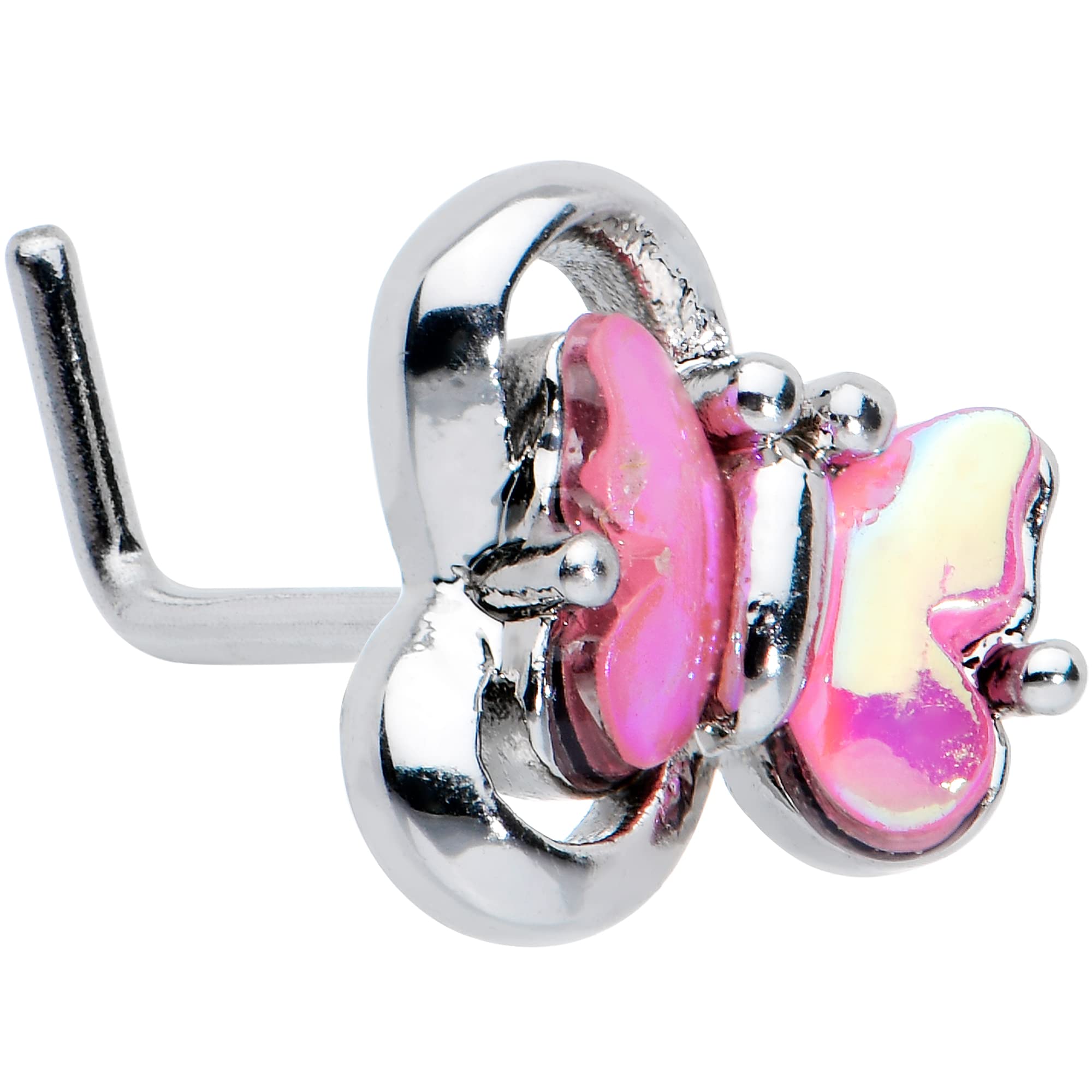 20G Stainless Steel L-Shaped Pink Butterfly Nose Ring Stud - Body Piercing Jewelry for Women (7mm) | Perfect for Everyday Wear, Parties & Self-Expression