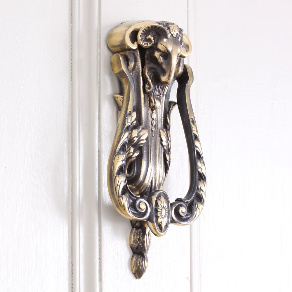 Vintage Polished Antique Brass Rams Head Door Knocker - Heavy Duty Decorative Entryway Hardware for Front Doors, Gates & Home Decor
