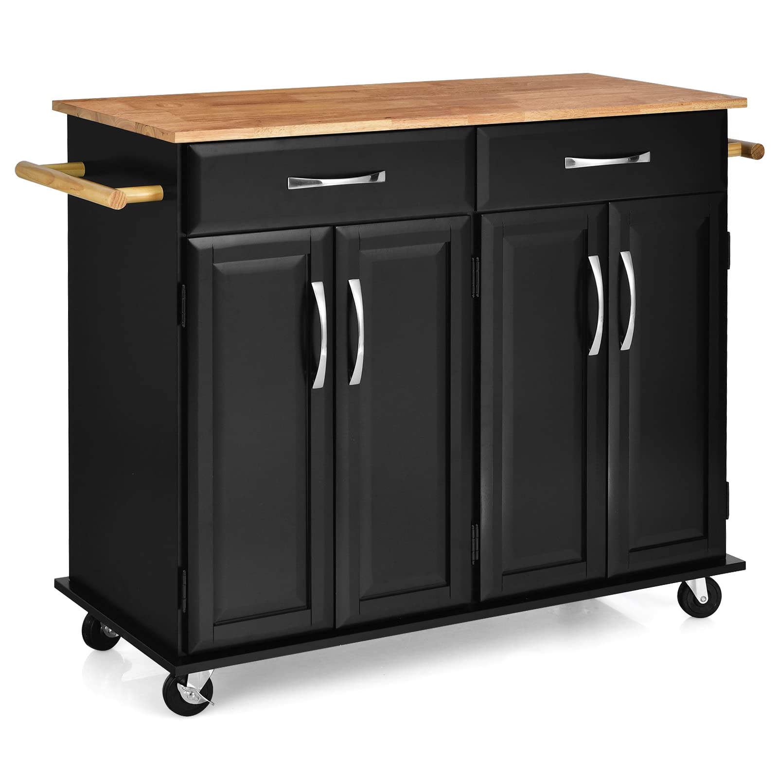 Giantex Large Kitchen Cart with 2 Drawers & Storage Cabinets - Adjustable Shelves, Lockable Casters, Rubber Wood Countertop & Towel Rack - Mobile Kitchen Island for Small Spaces - Perfect for Apartments, Dorms & Home Cooking - Easy Assembly (Black)