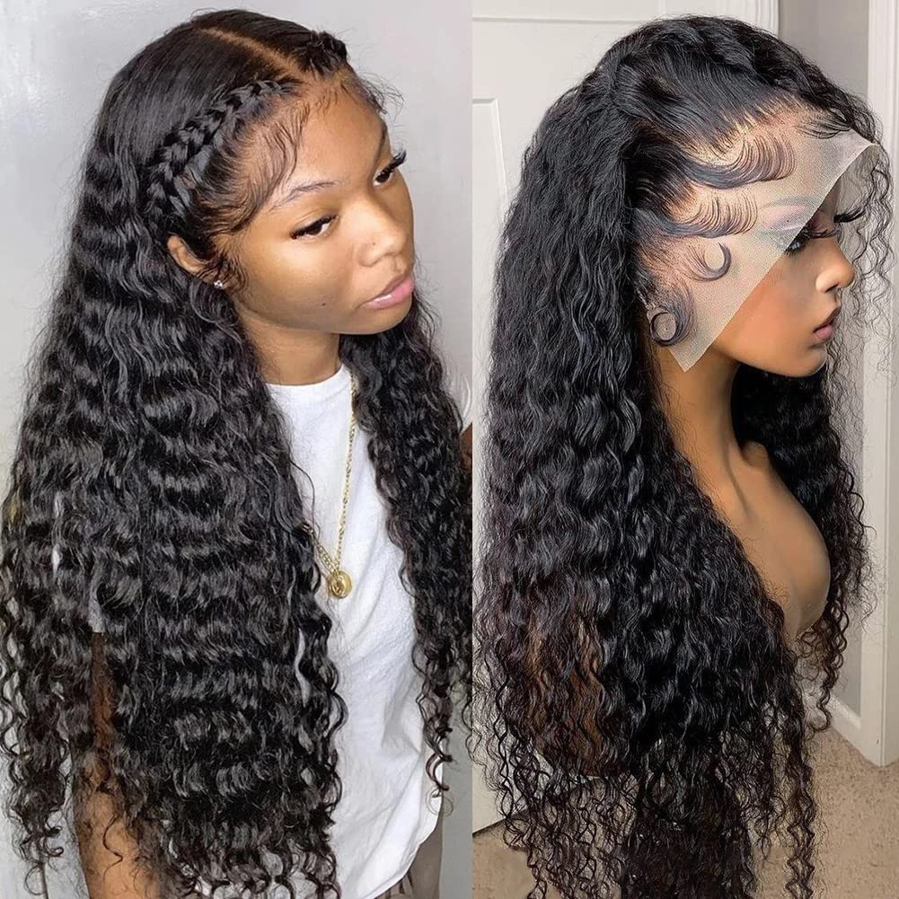 13x4 HD Transparent Lace Front Wigs Human Hair with Baby Hair & Bleached Knots - 180% Density Brazilian Deep Wave Human Hair Wigs for Black Women (24 Inch, Black) - Perfect for Daily Wear, Special Occasions & Protective Styling