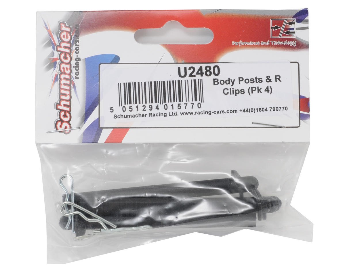Schumacher 4-Pack Body Posts & R Clips - Durable Nylon Fasteners for RC Cars, Drones & Model Kits - Perfect for Securing Body Shells & Chassis Components